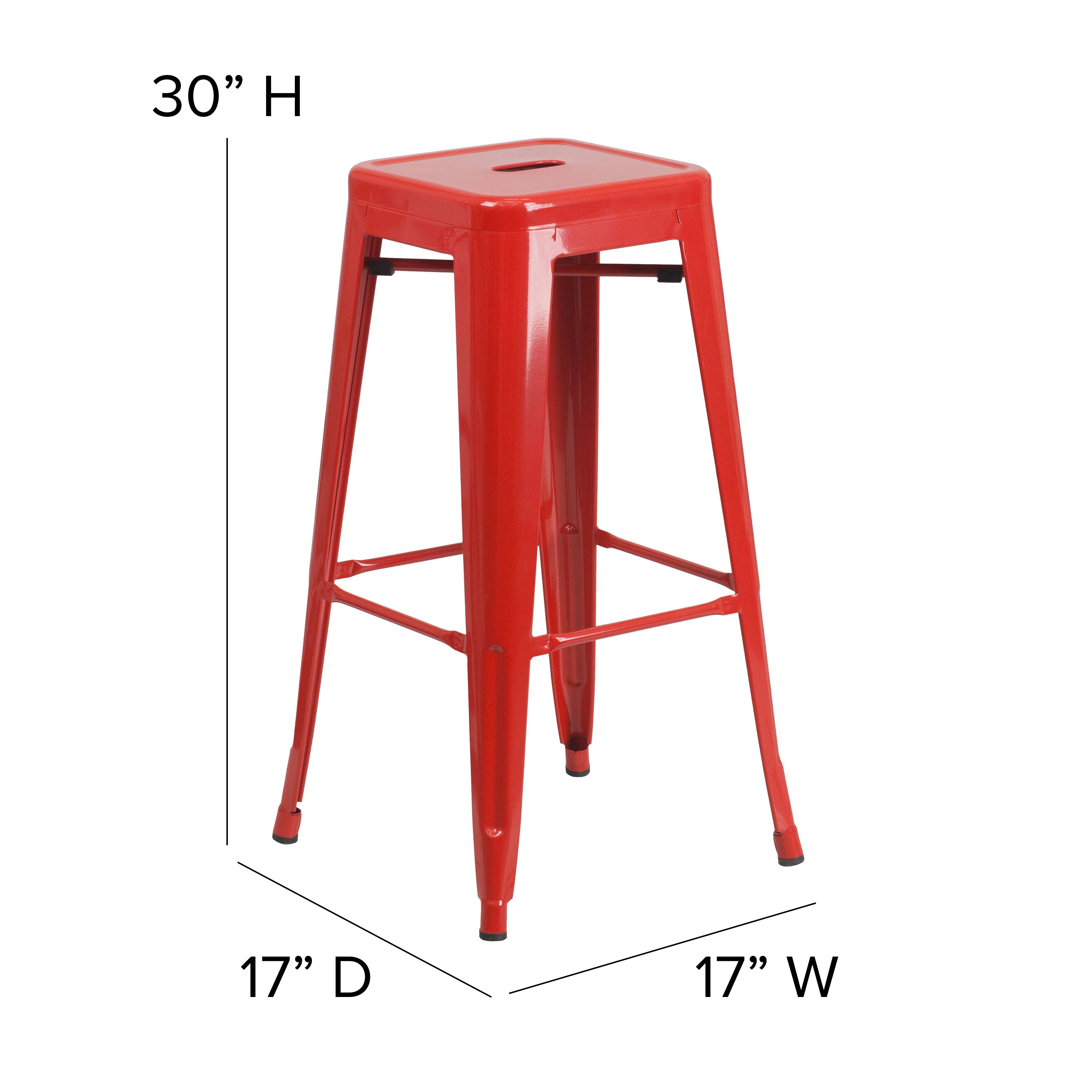Kai Commercial Grade 30" High Backless Red Metal Indoor-Outdoor Barstool with Square Seat
