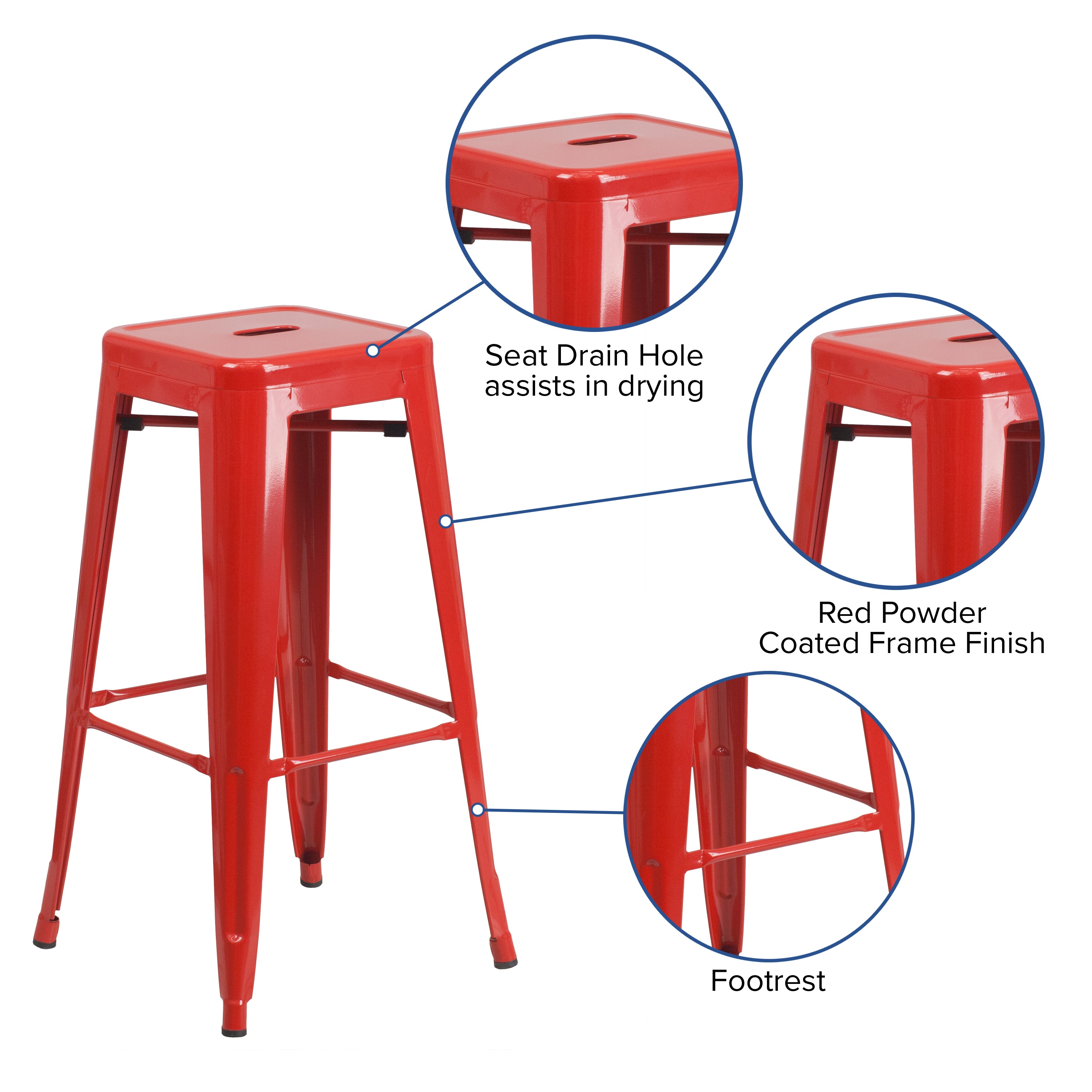Kai Commercial Grade 30" High Backless Red Metal Indoor-Outdoor Barstool with Square Seat