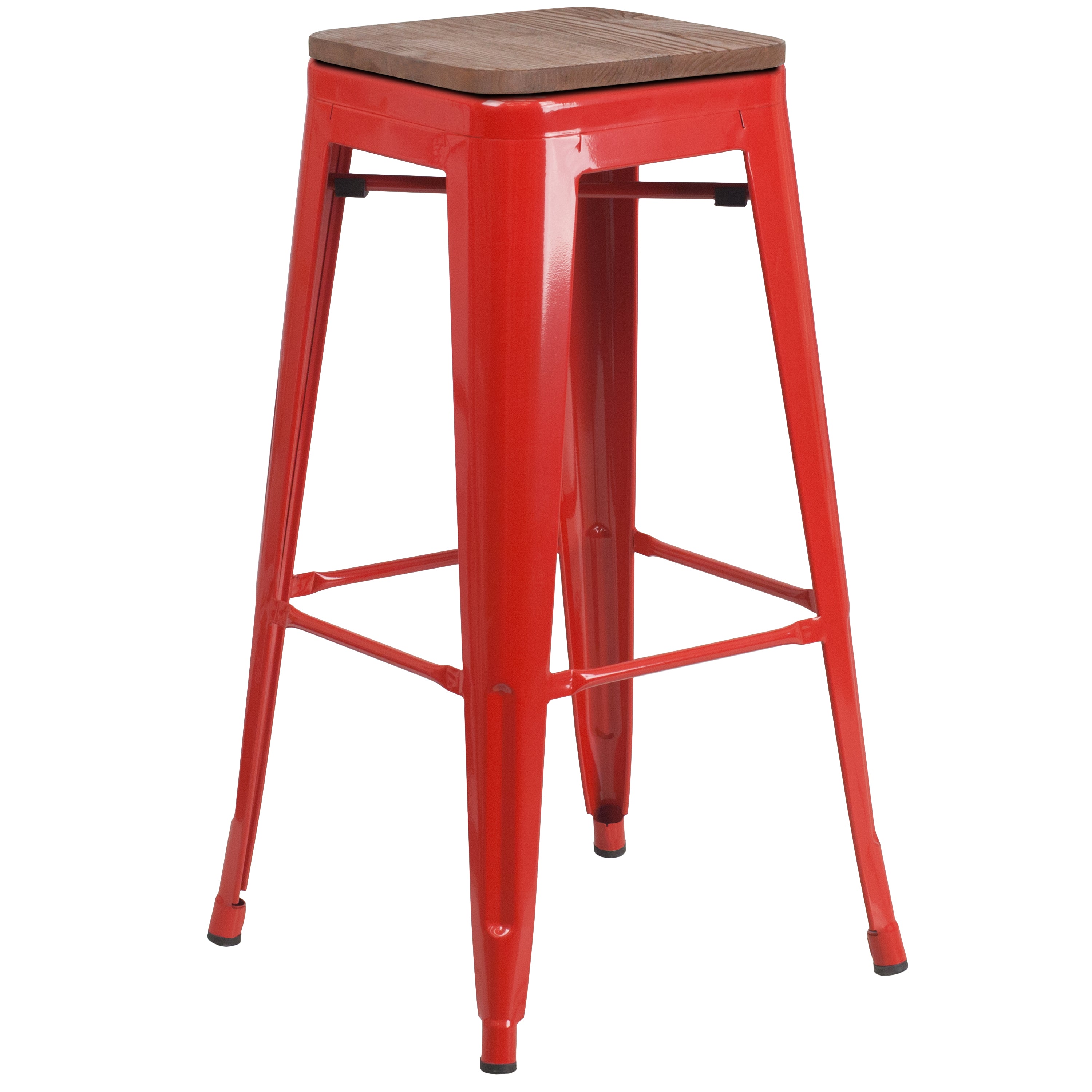 Lily 30" High Backless Red Metal Barstool with Square Wood Seat