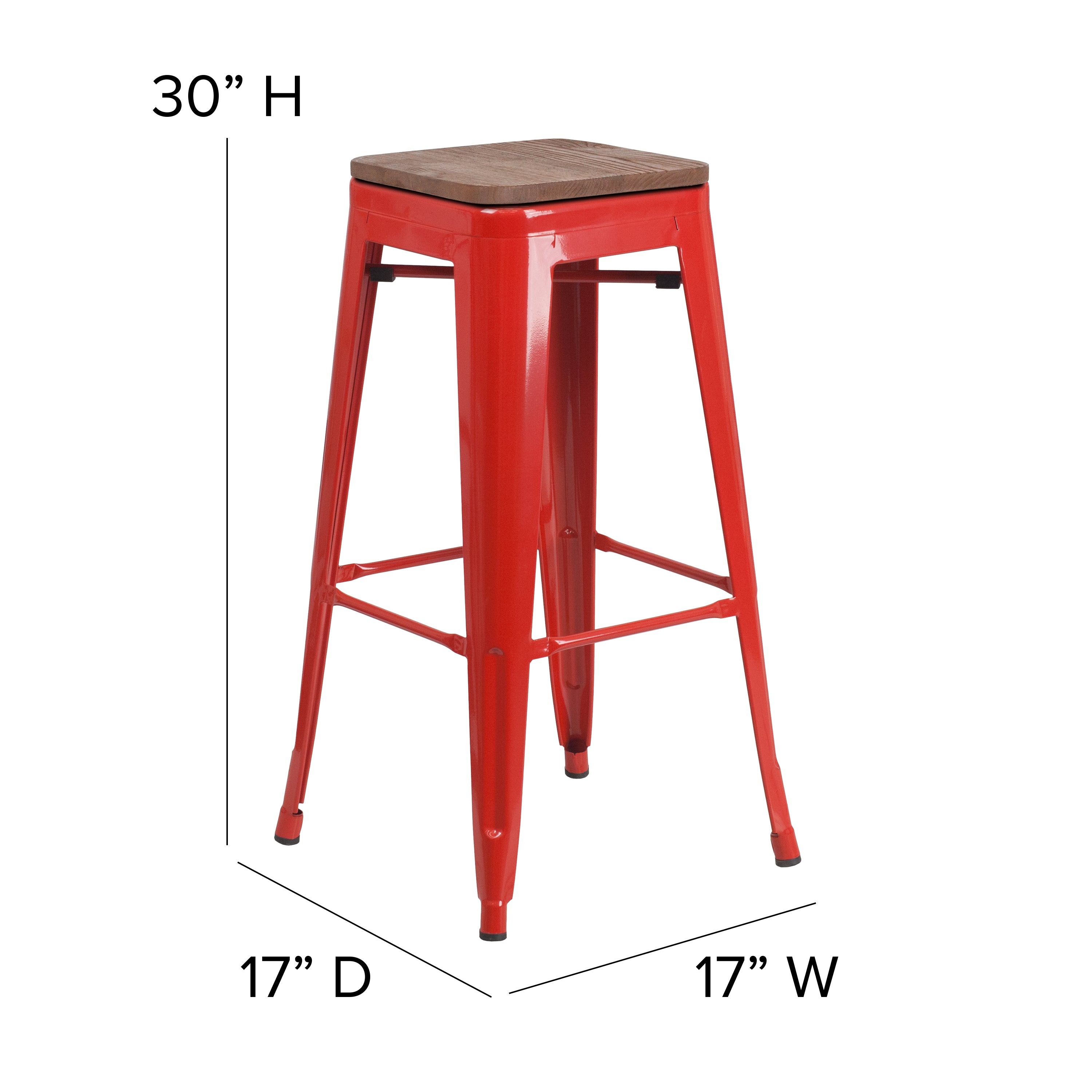 Lily 30" High Backless Red Metal Barstool with Square Wood Seat