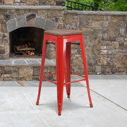 Lily 30" High Backless Red Metal Barstool with Square Wood Seat