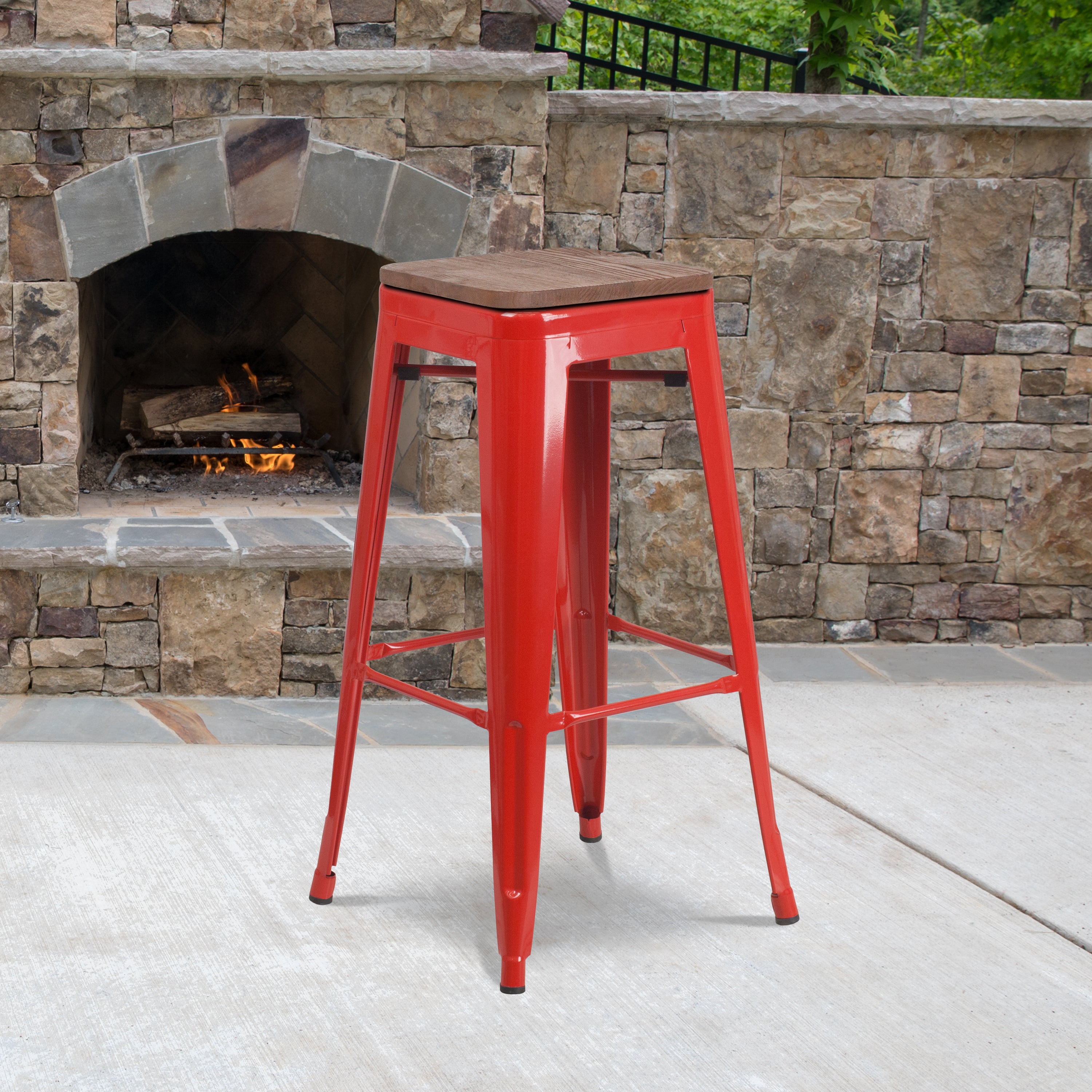 Lily 30" High Backless Red Metal Barstool with Square Wood Seat