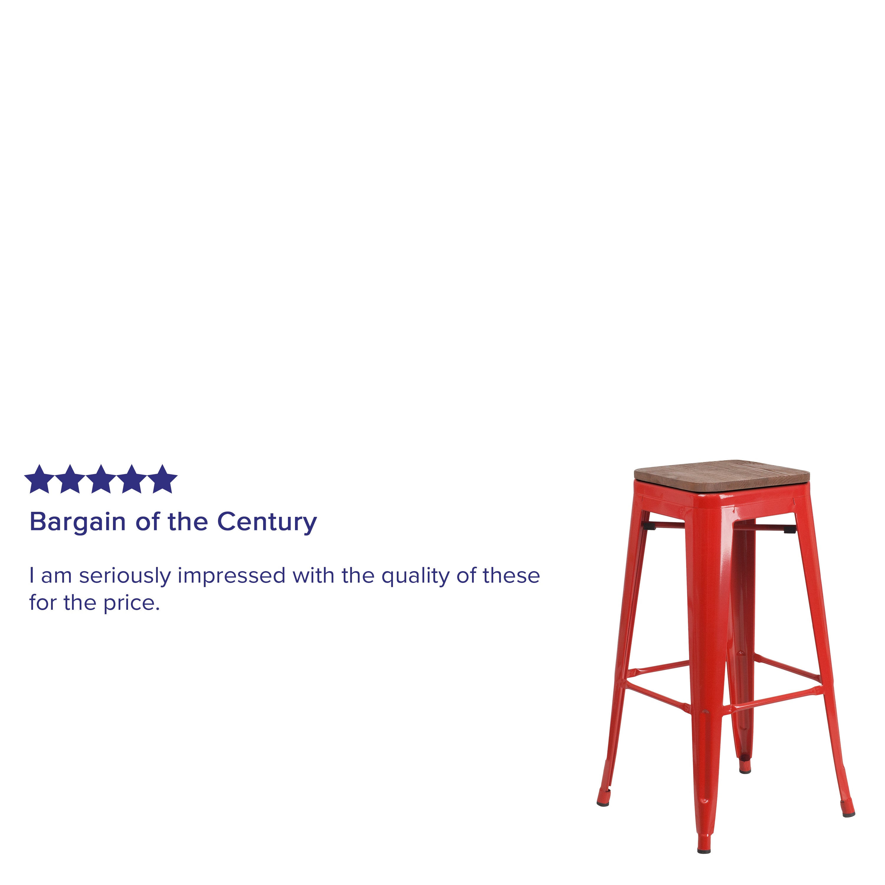 Lily 30" High Backless Red Metal Barstool with Square Wood Seat