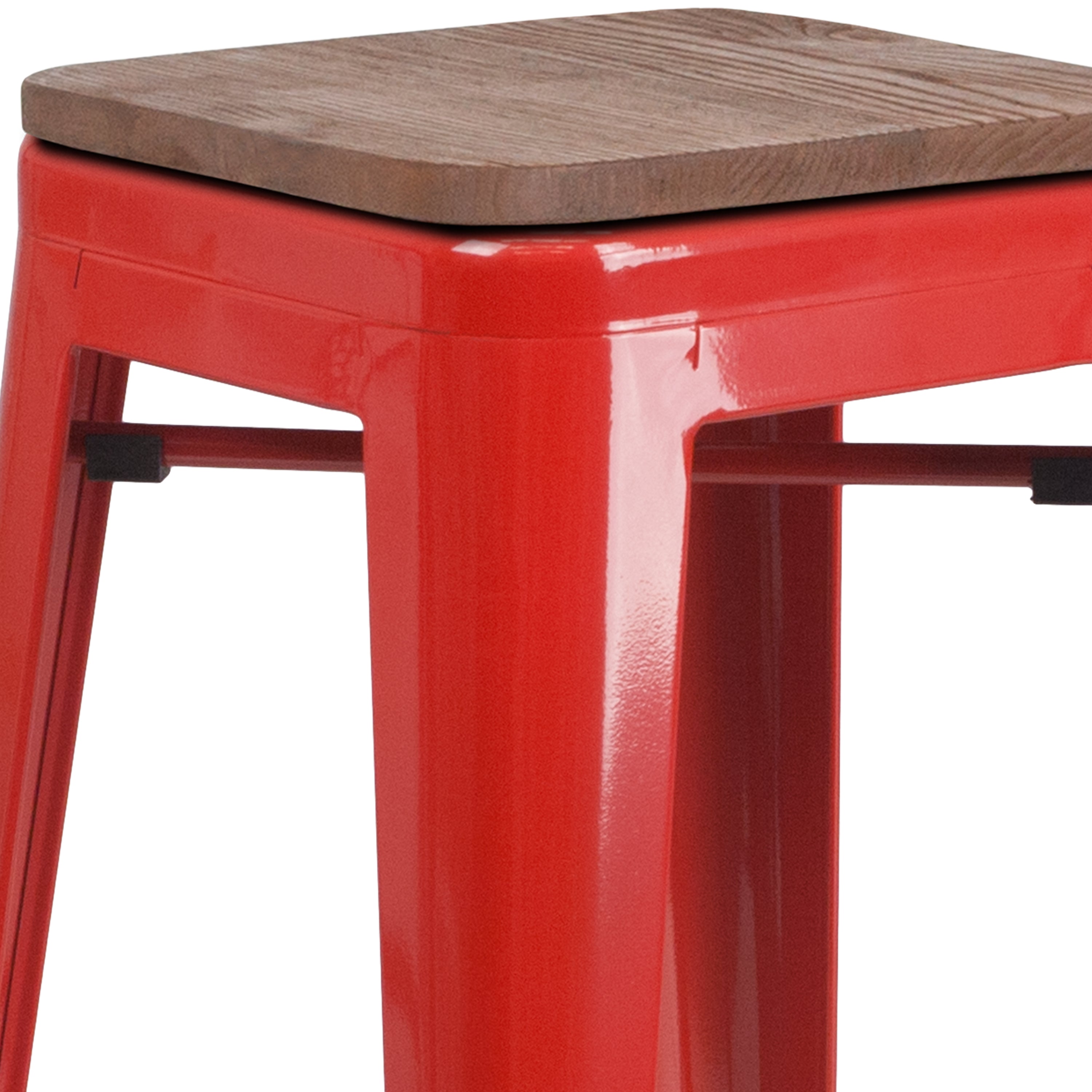 Lily 30" High Backless Red Metal Barstool with Square Wood Seat
