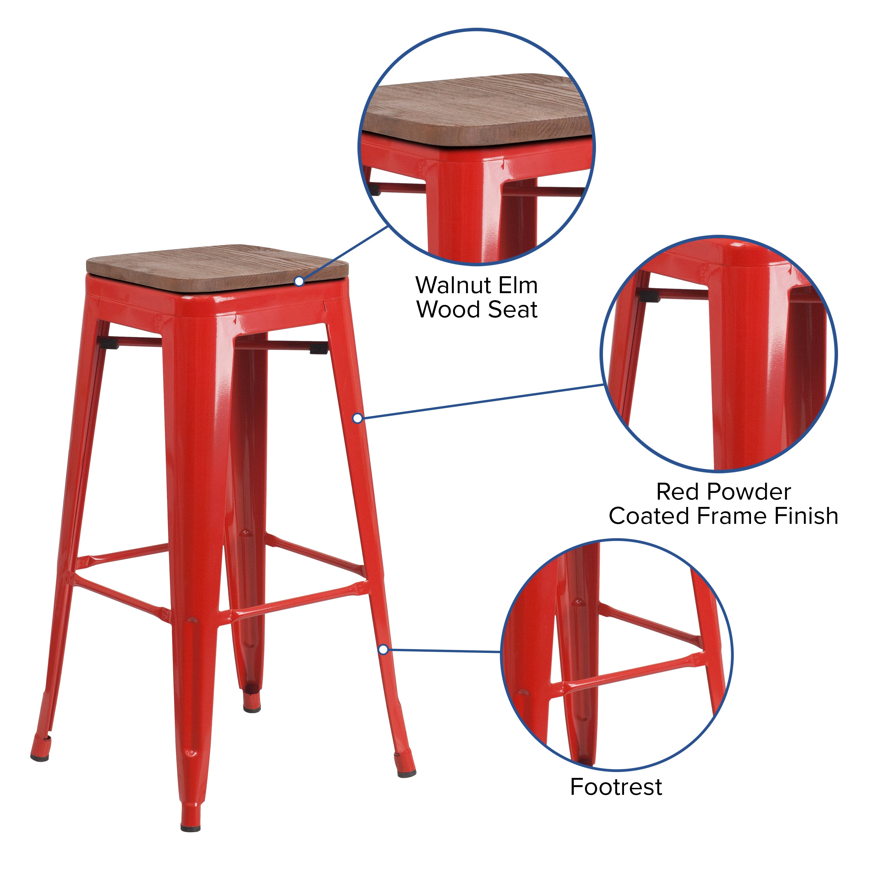 Lily 30" High Backless Red Metal Barstool with Square Wood Seat
