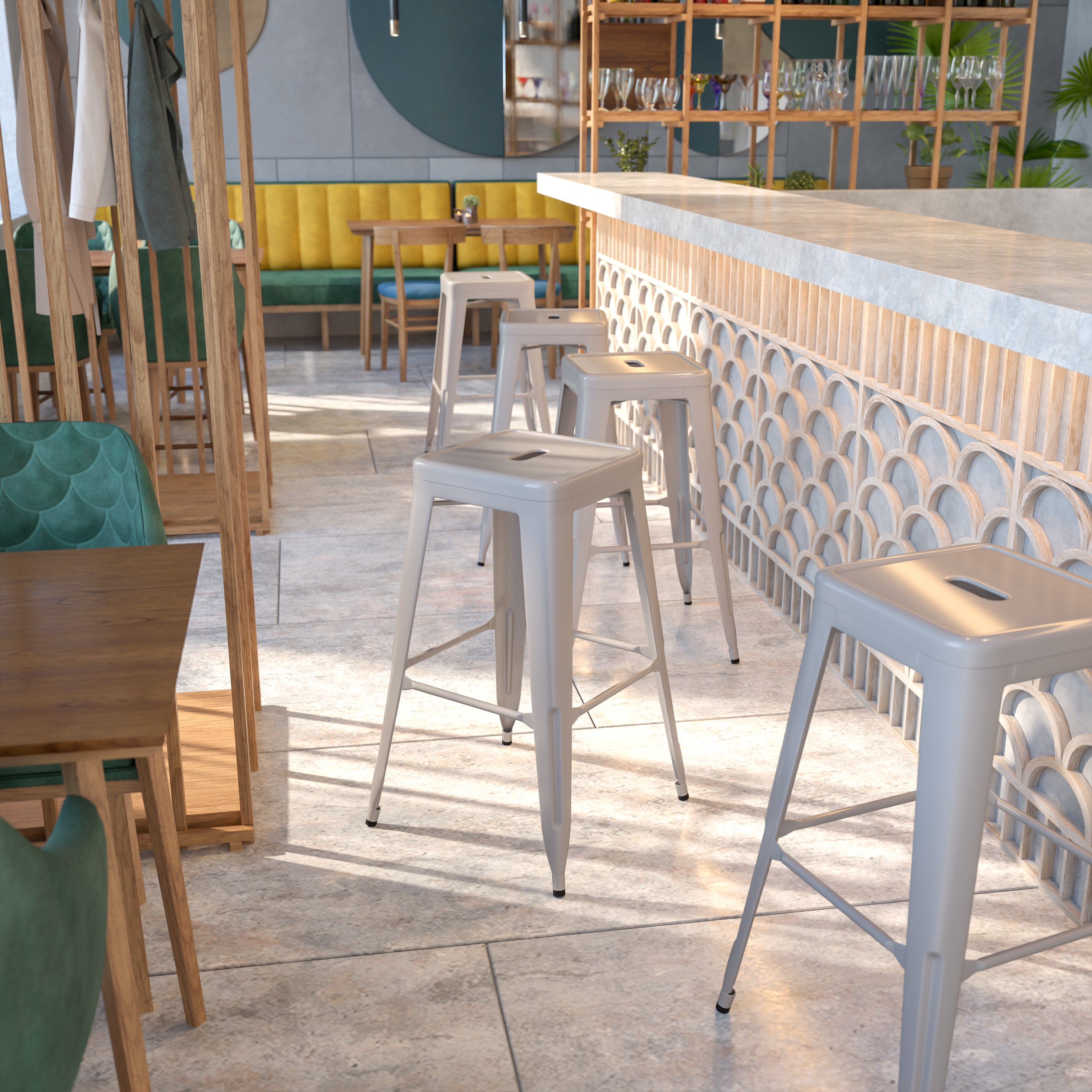 Kai Commercial Grade 30" High Backless Silver Metal Indoor-Outdoor Barstool with Square Seat