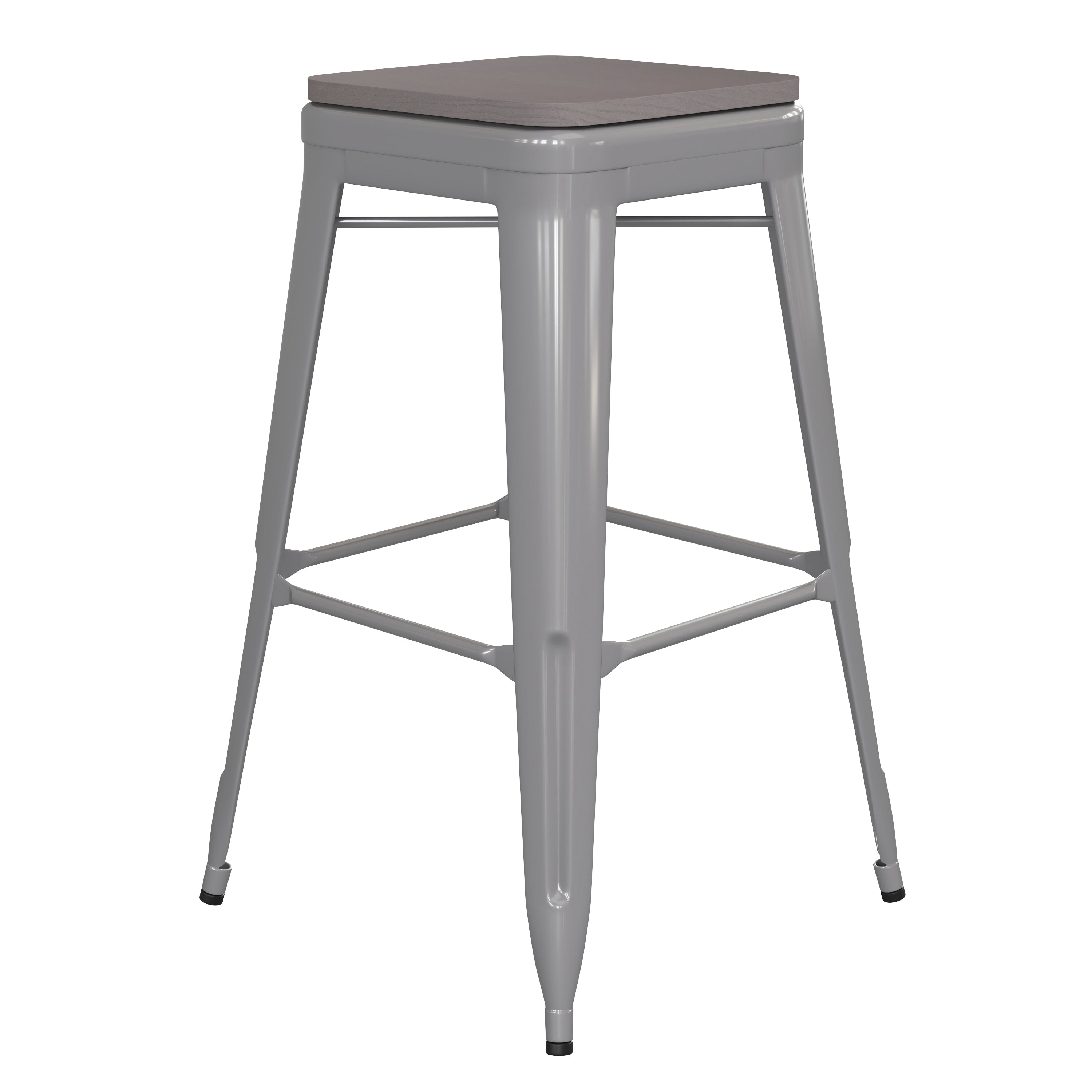 Kai Commercial Grade 30" High Backless Silver Metal Indoor-Outdoor Barstool with Gray Poly Resin Wood Seat