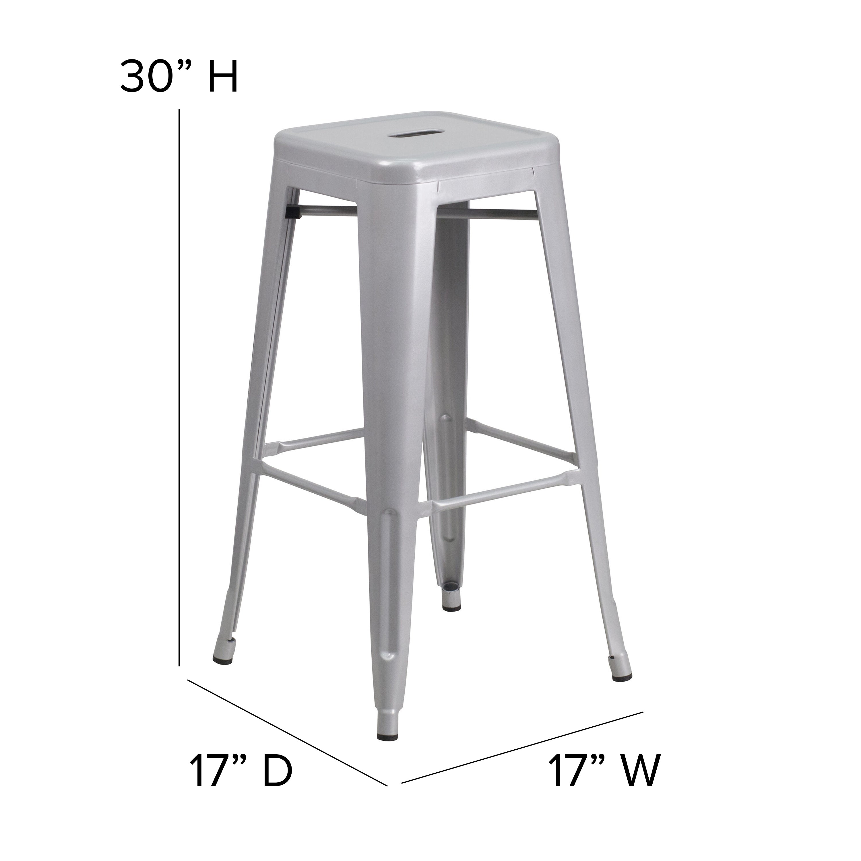 Kai Commercial Grade 30" High Backless Silver Metal Indoor-Outdoor Barstool with Gray Poly Resin Wood Seat