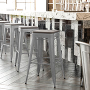 Kai Commercial Grade 30" High Backless Silver Metal Indoor-Outdoor Barstool with Gray Poly Resin Wood Seat