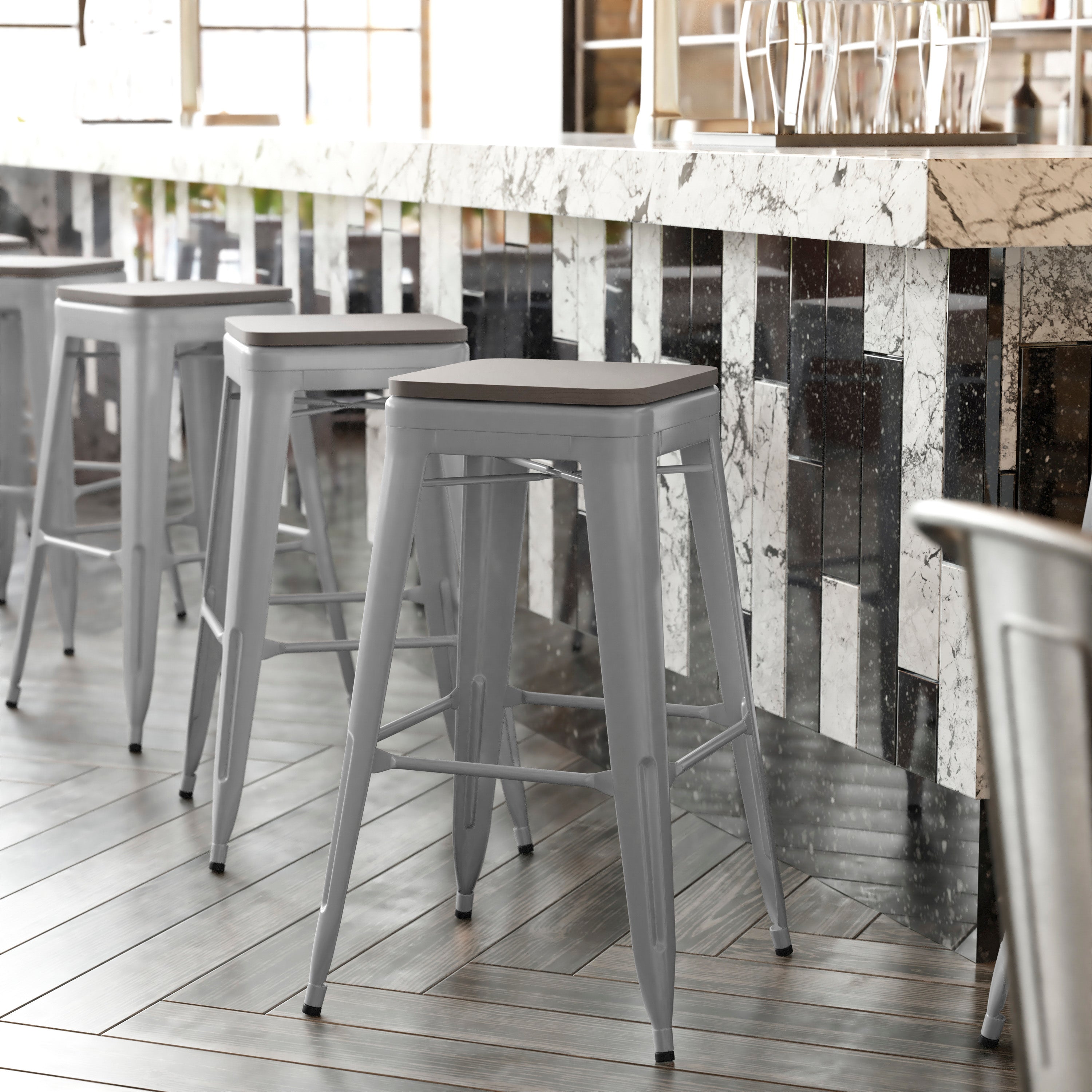 Kai Commercial Grade 30" High Backless Silver Metal Indoor-Outdoor Barstool with Gray Poly Resin Wood Seat