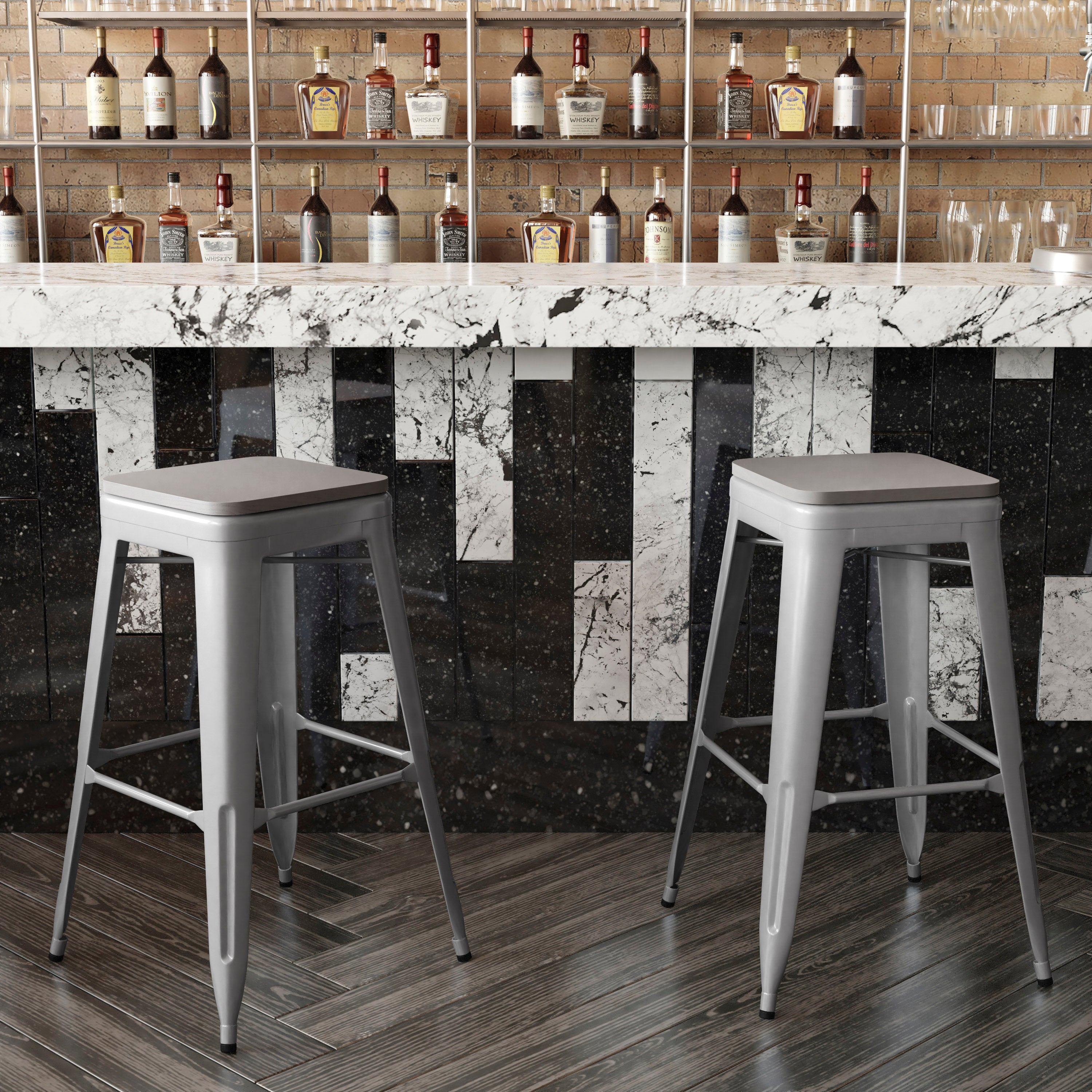 Kai Commercial Grade 30" High Backless Silver Metal Indoor-Outdoor Barstool with Gray Poly Resin Wood Seat