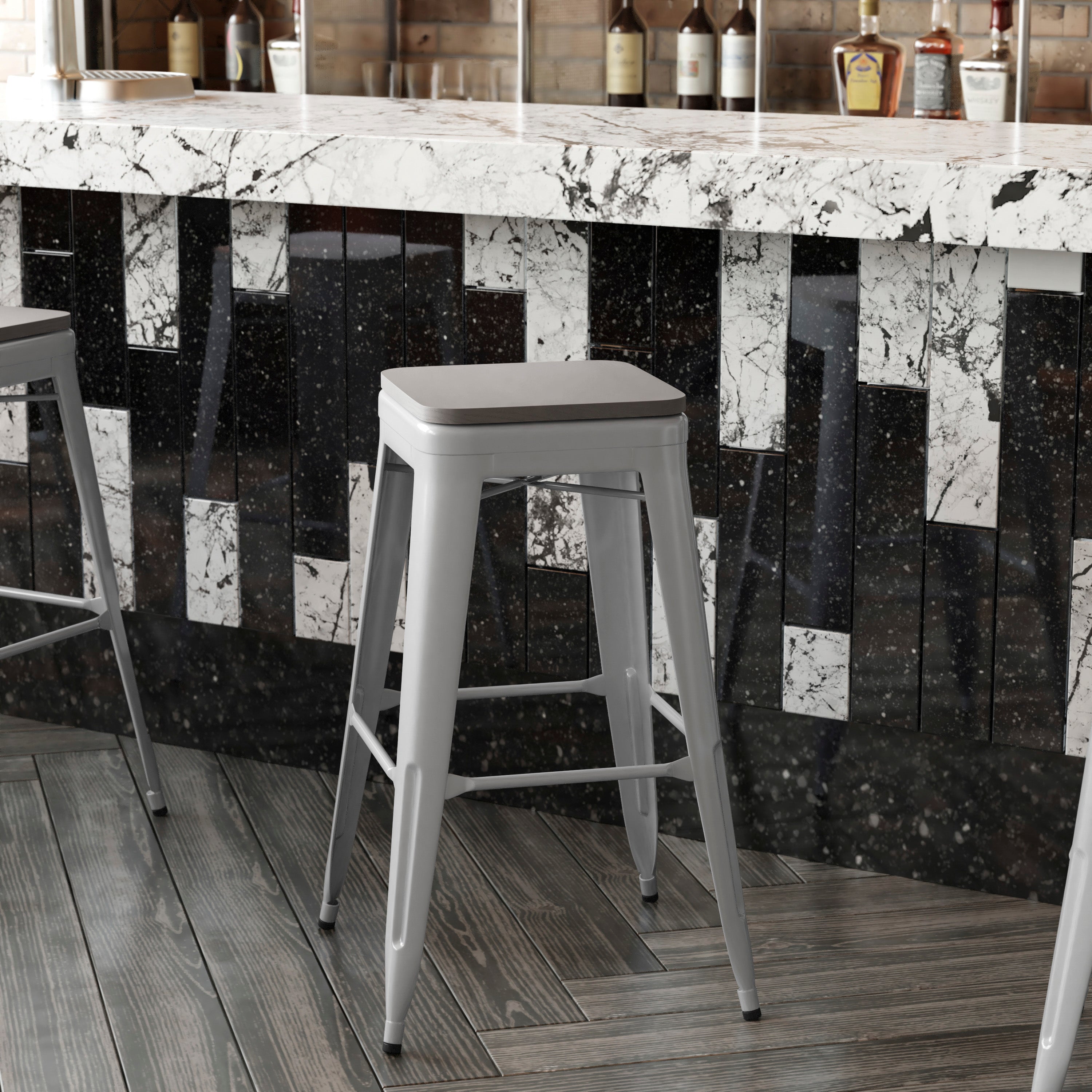 Kai Commercial Grade 30" High Backless Silver Metal Indoor-Outdoor Barstool with Gray Poly Resin Wood Seat