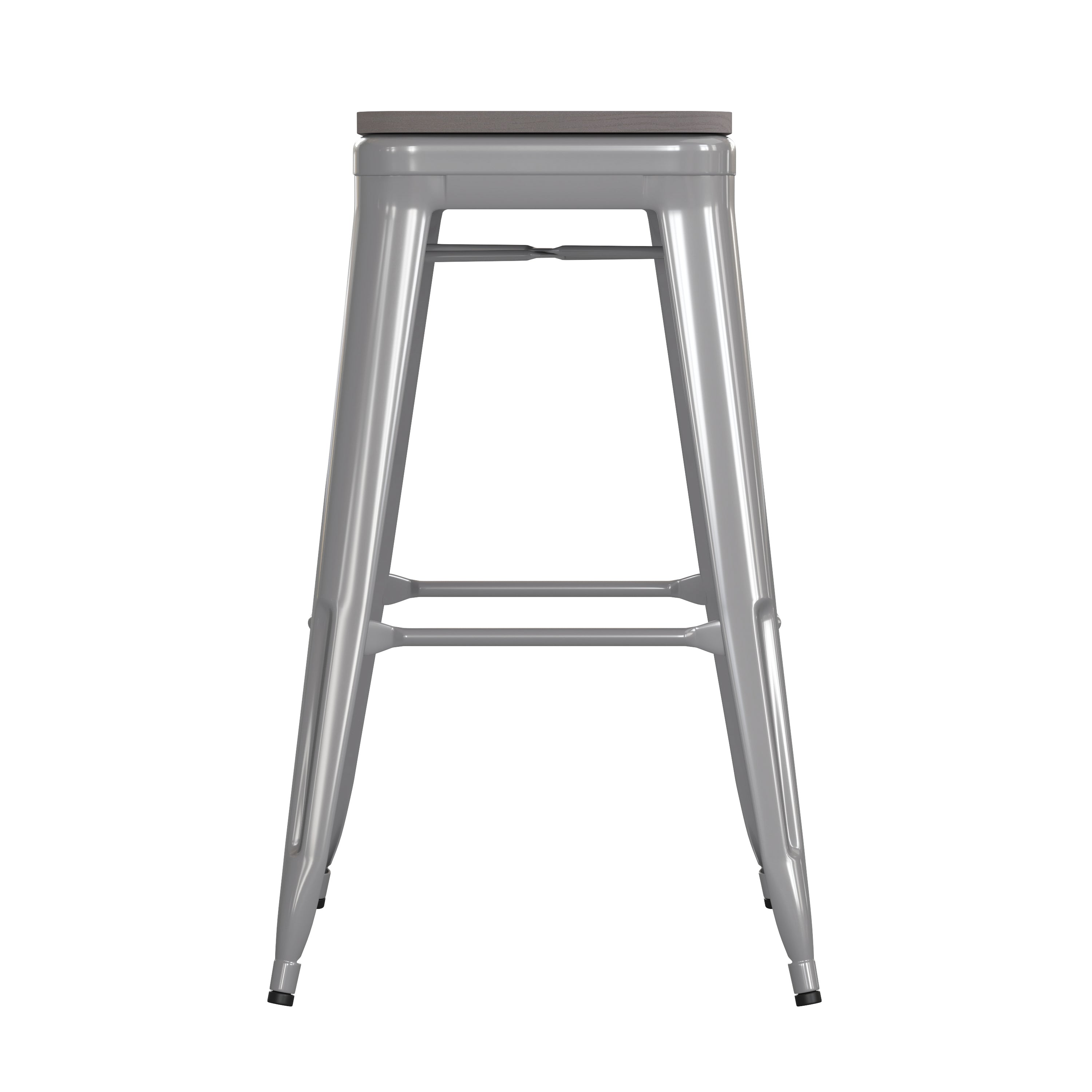 Kai Commercial Grade 30" High Backless Silver Metal Indoor-Outdoor Barstool with Gray Poly Resin Wood Seat