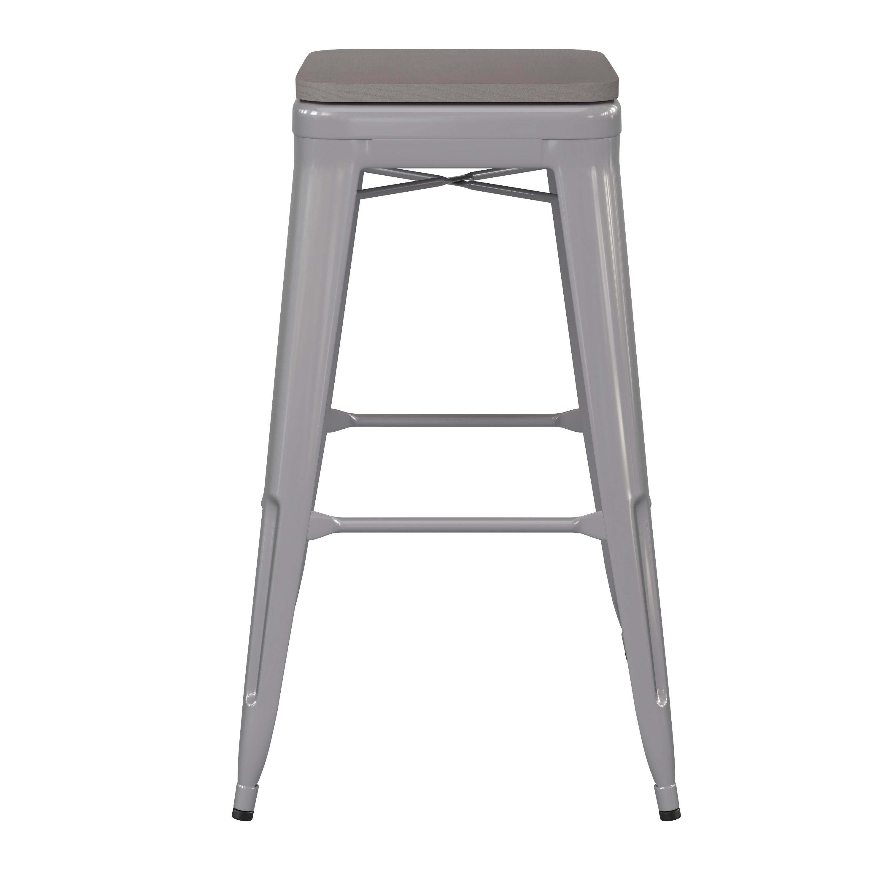 Kai Commercial Grade 30" High Backless Silver Metal Indoor-Outdoor Barstool with Gray Poly Resin Wood Seat