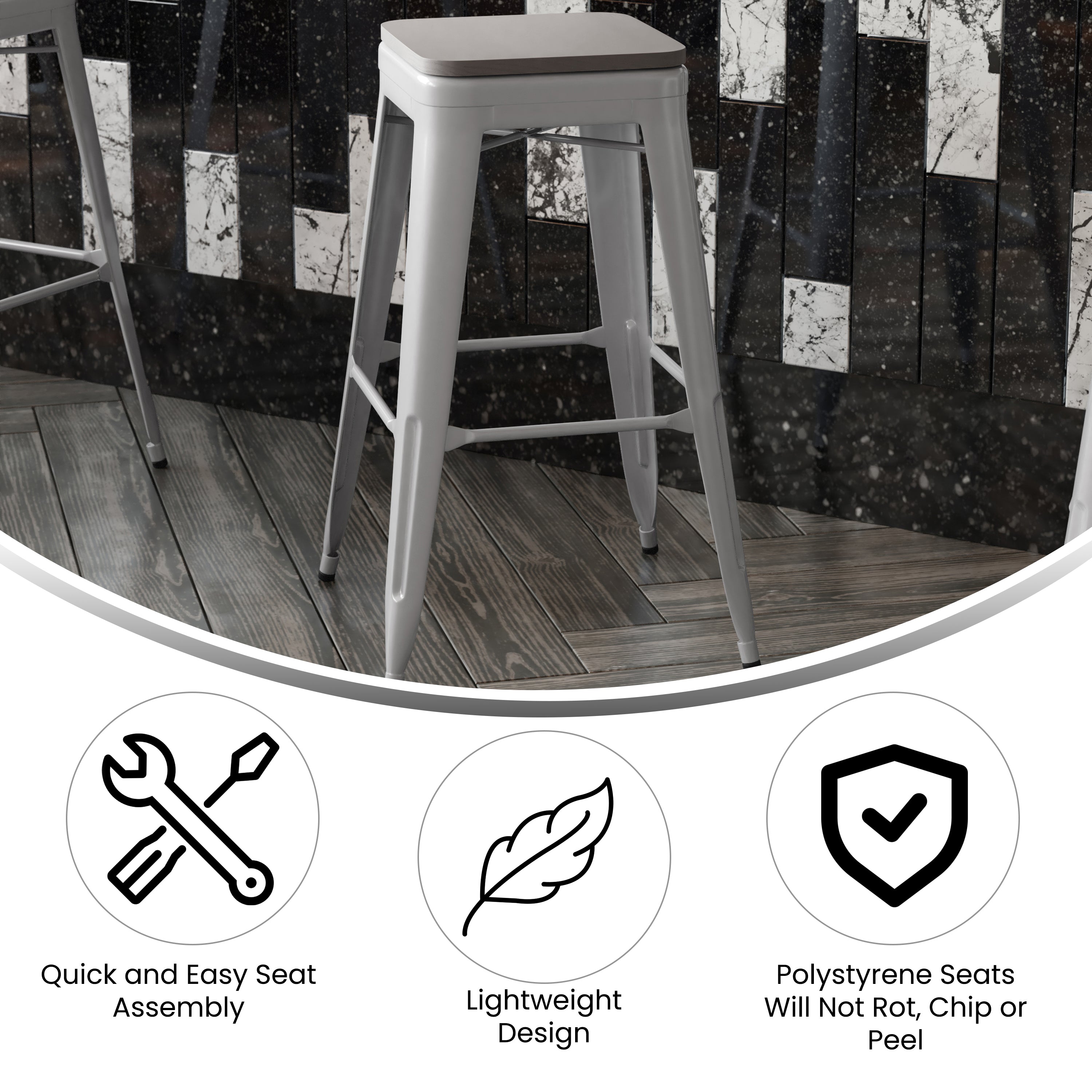 Kai Commercial Grade 30" High Backless Silver Metal Indoor-Outdoor Barstool with Gray Poly Resin Wood Seat