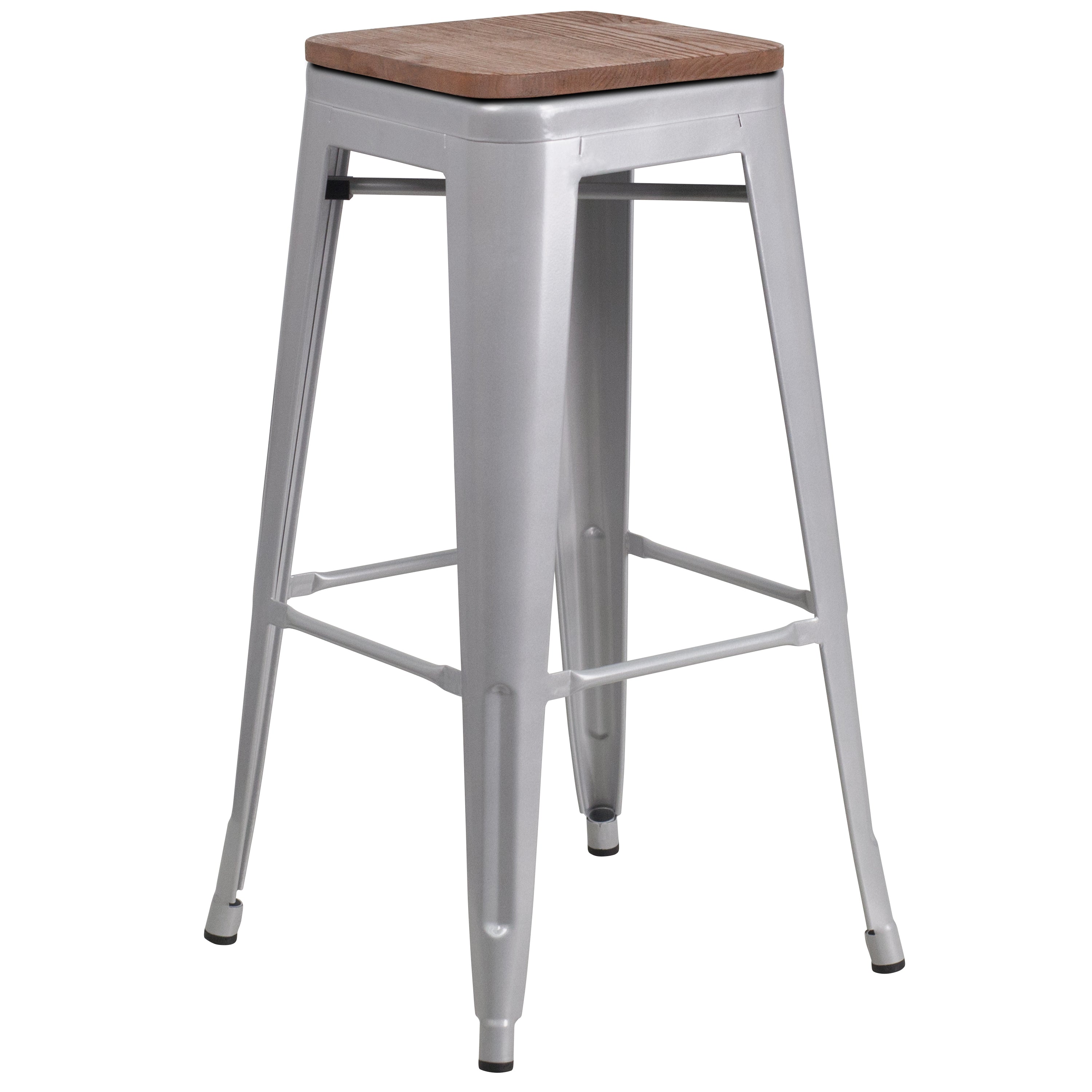 Lily 30" High Backless Silver Metal Barstool with Square Wood Seat