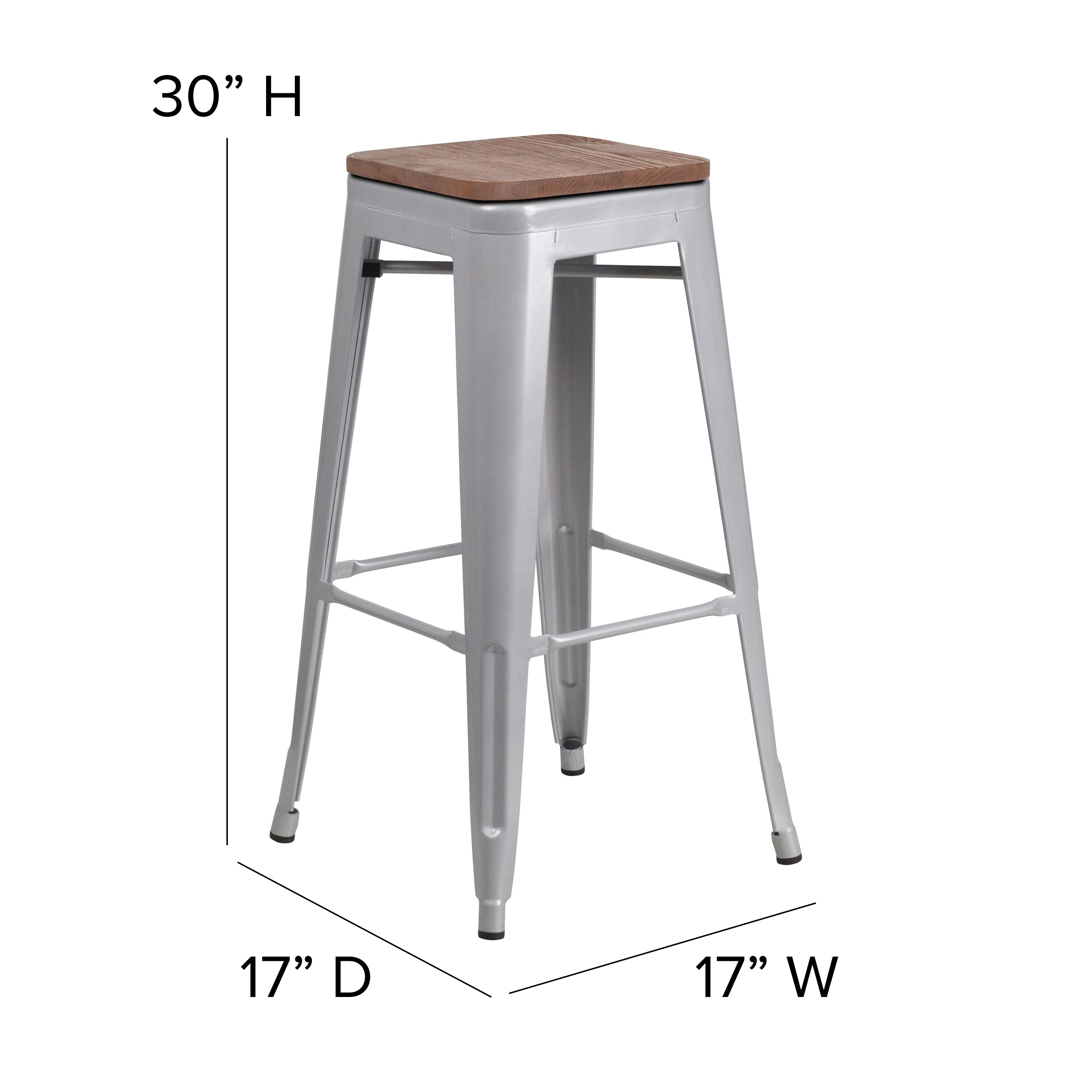 Lily 30" High Backless Silver Metal Barstool with Square Wood Seat