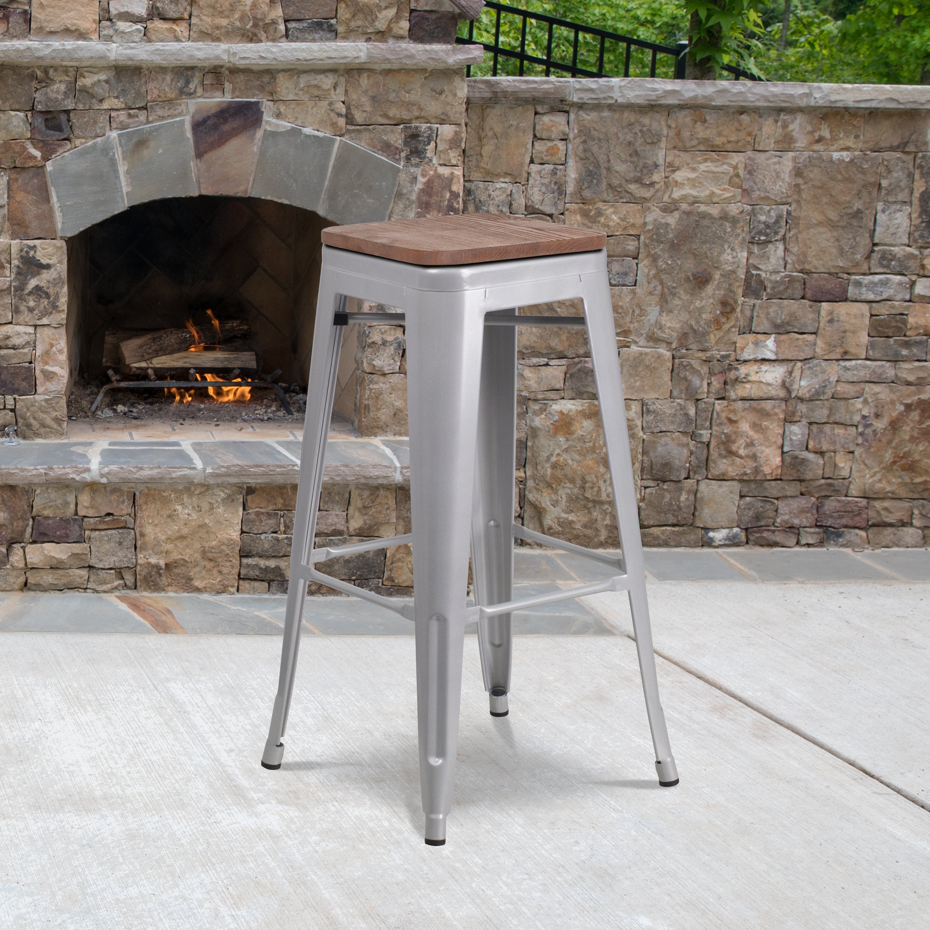Lily 30" High Backless Silver Metal Barstool with Square Wood Seat