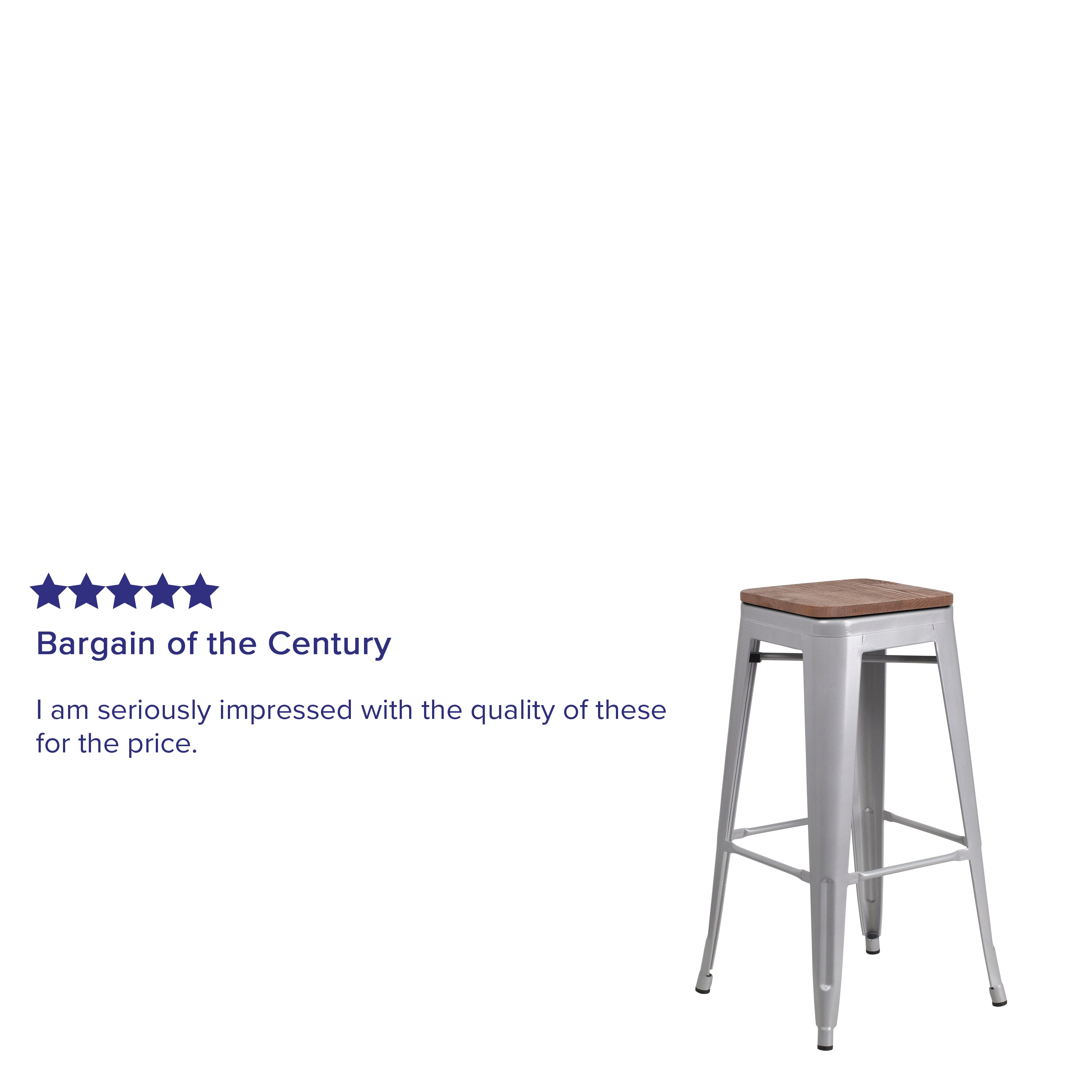 Lily 30" High Backless Silver Metal Barstool with Square Wood Seat