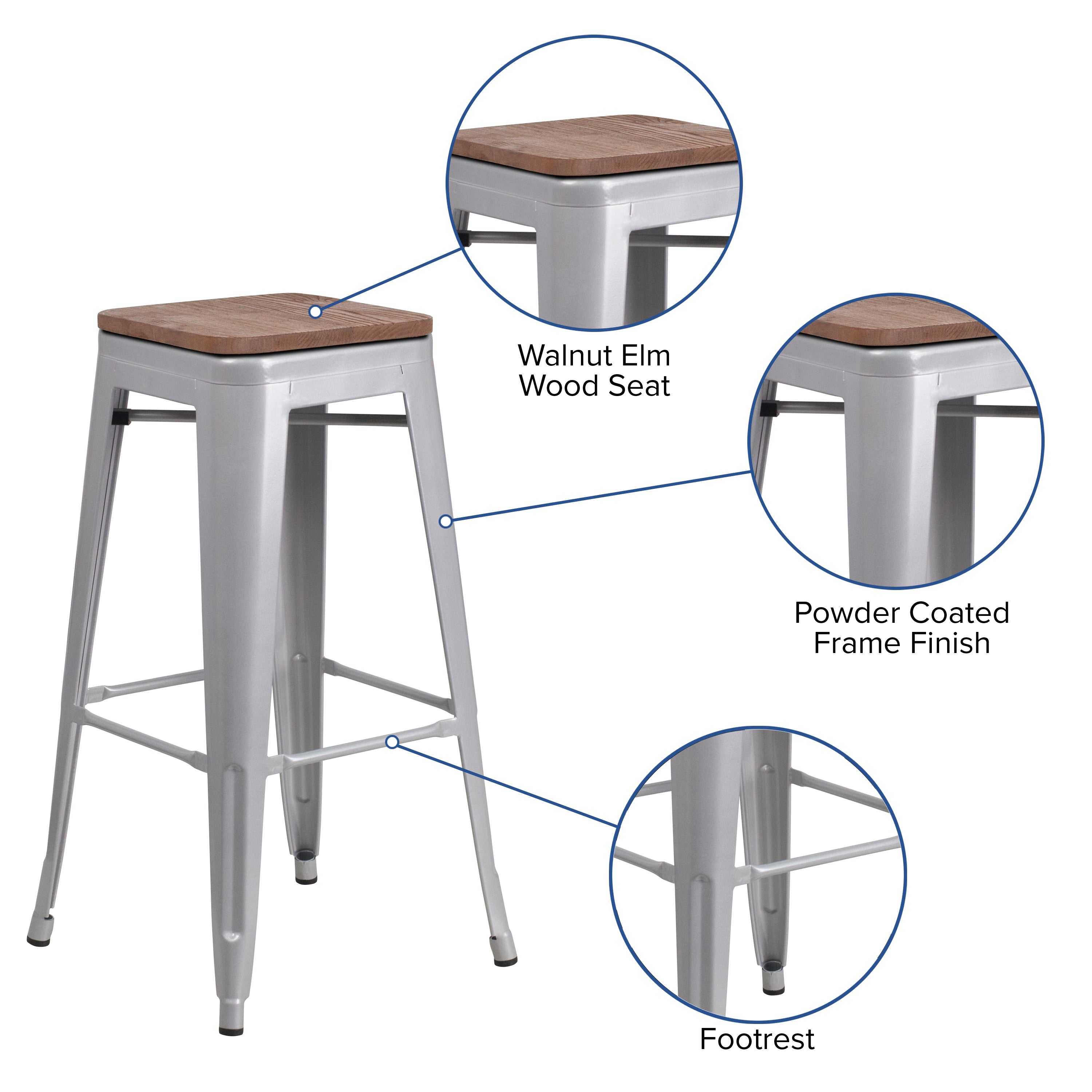 Lily 30" High Backless Silver Metal Barstool with Square Wood Seat