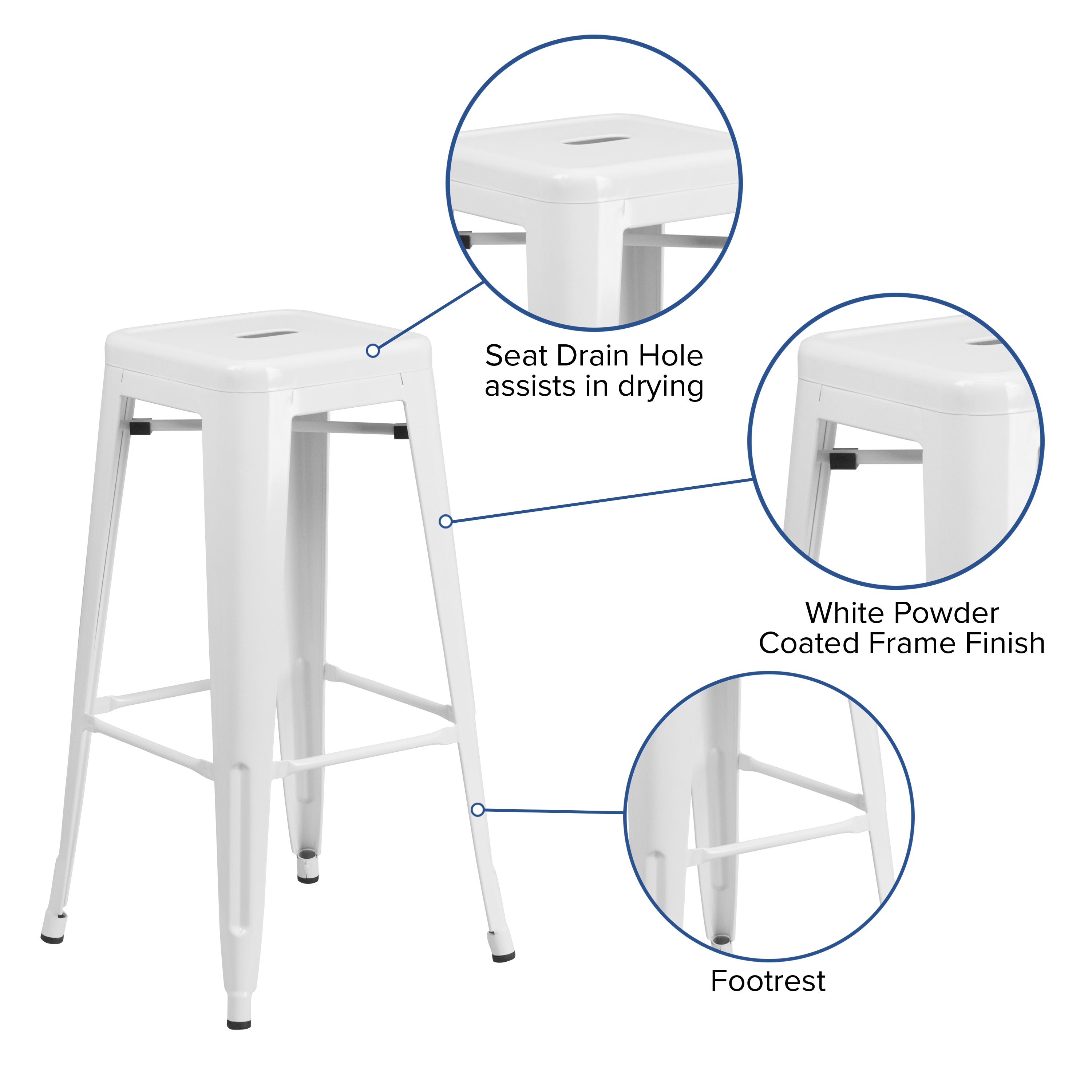 Kai Commercial Grade 30" High Backless White Metal Indoor-Outdoor Barstool with Square Seat