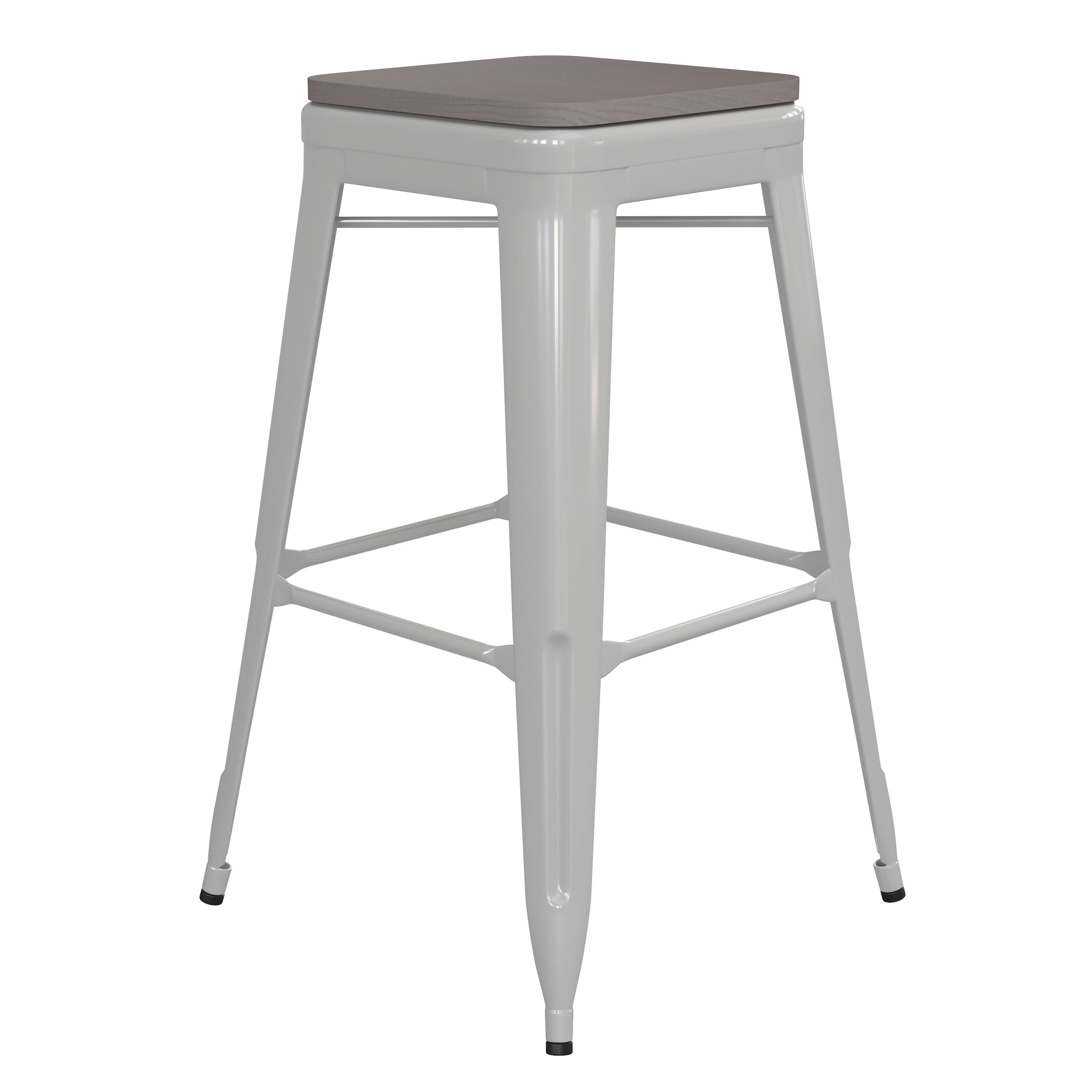 Kai Commercial Grade 30" High Backless White Metal Indoor-Outdoor Barstool with Gray Poly Resin Wood Seat