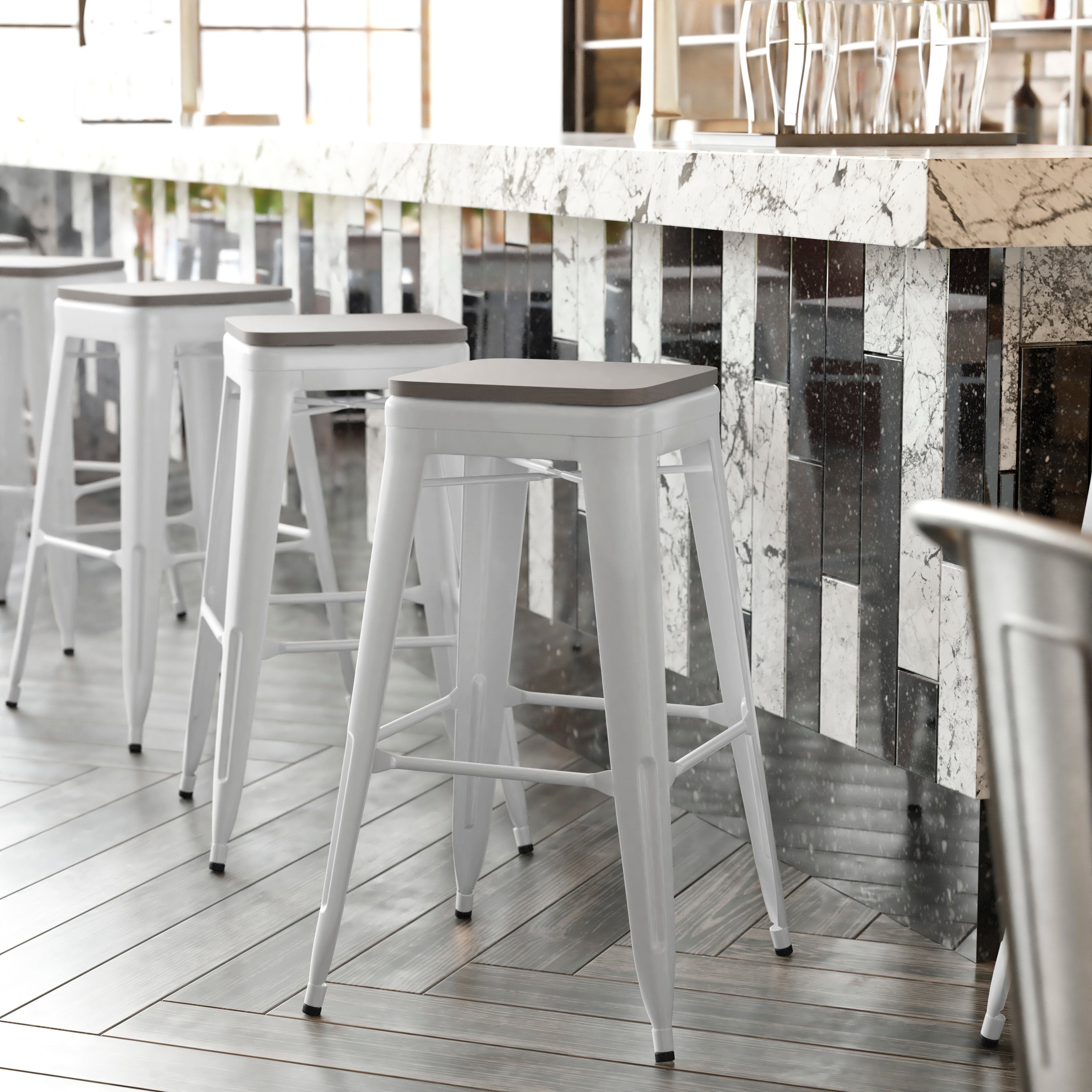 Kai Commercial Grade 30" High Backless White Metal Indoor-Outdoor Barstool with Gray Poly Resin Wood Seat