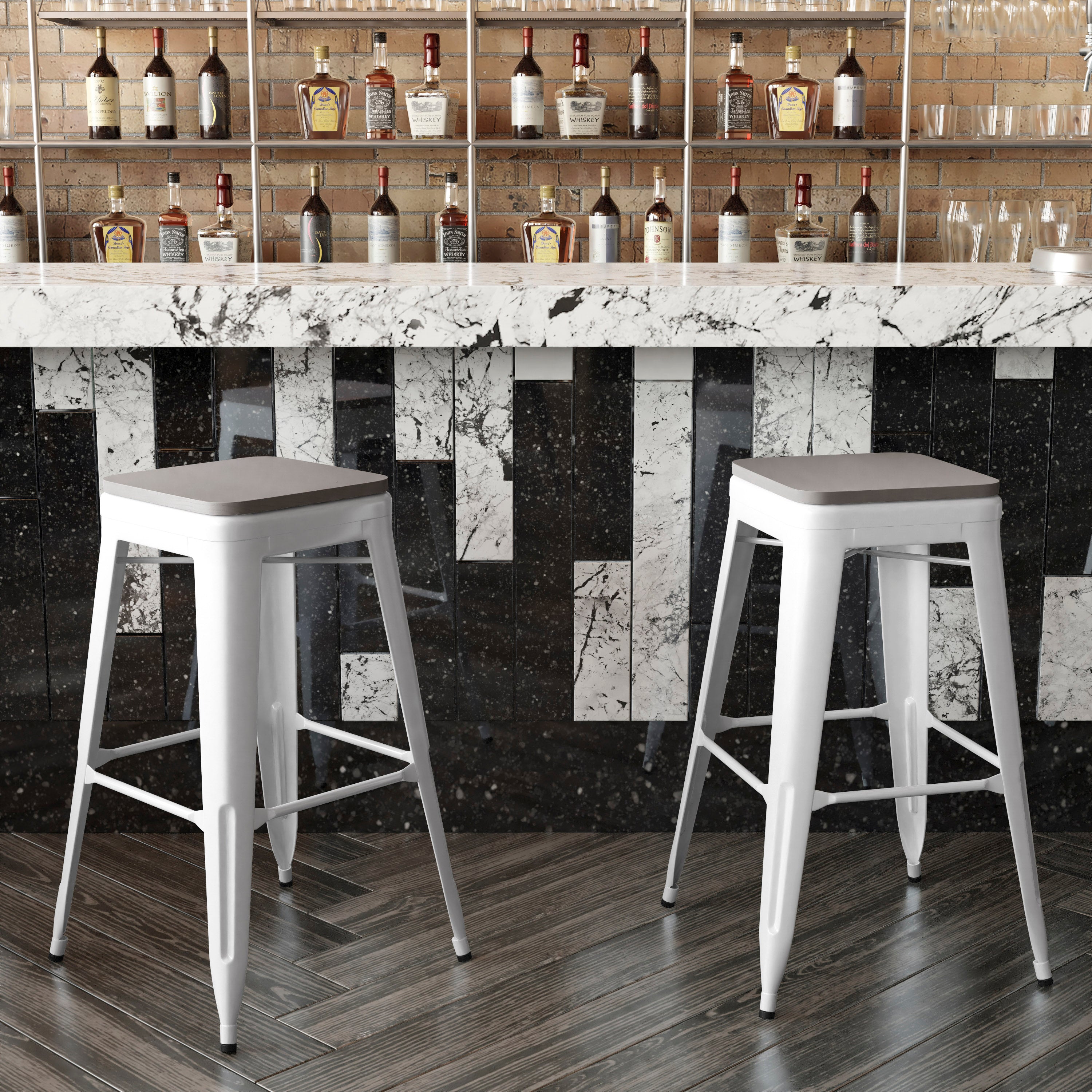 Kai Commercial Grade 30" High Backless White Metal Indoor-Outdoor Barstool with Gray Poly Resin Wood Seat
