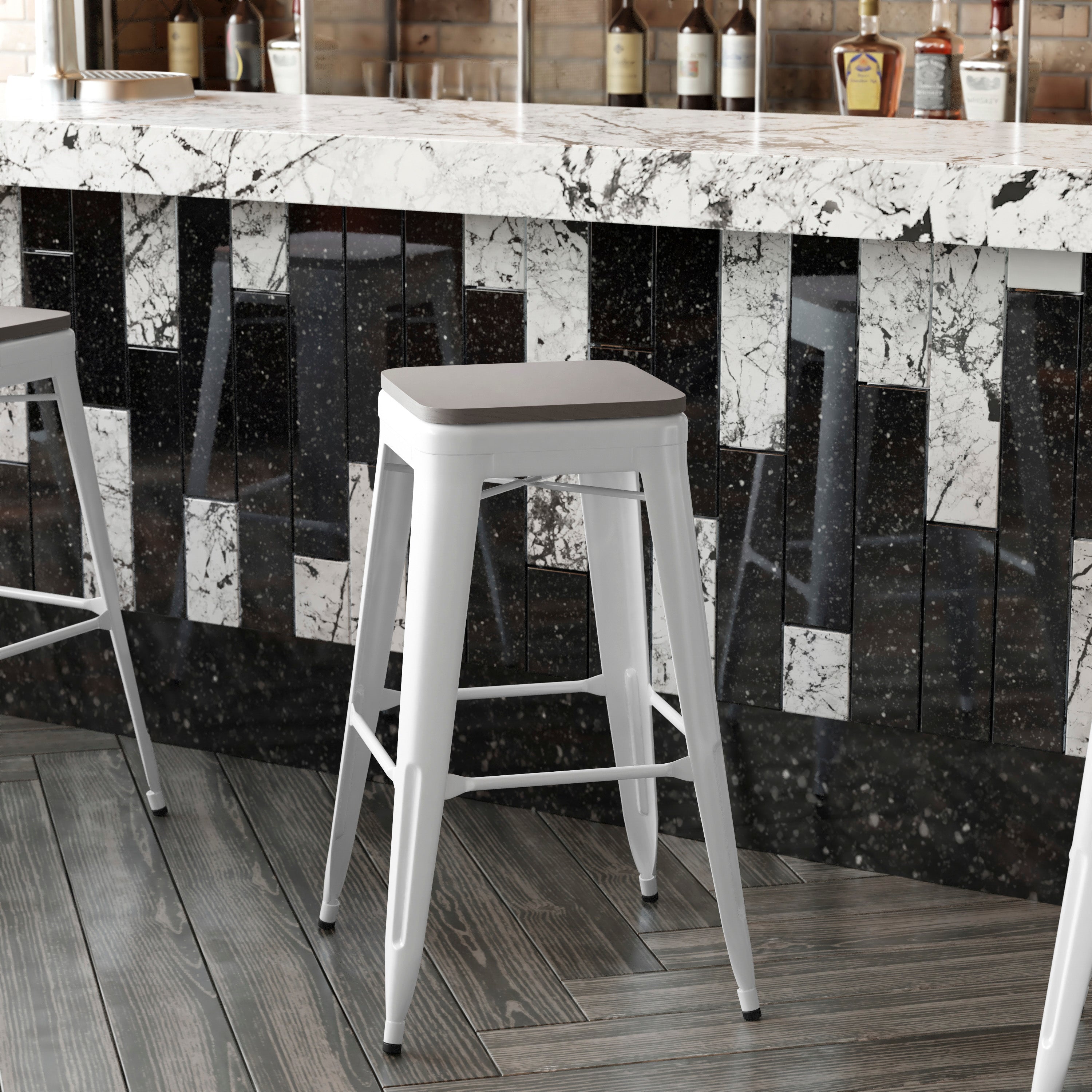 Kai Commercial Grade 30" High Backless White Metal Indoor-Outdoor Barstool with Gray Poly Resin Wood Seat