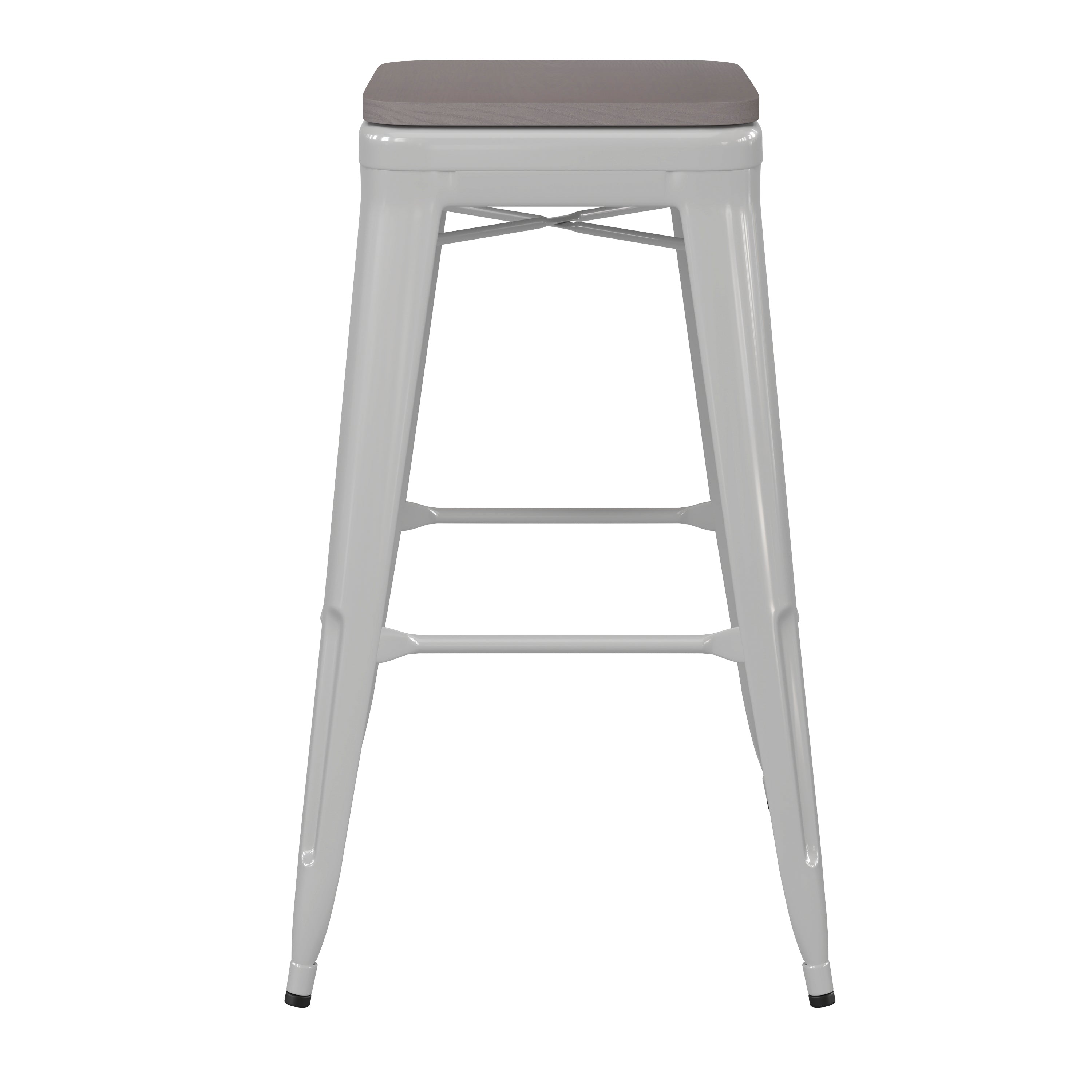 Kai Commercial Grade 30" High Backless White Metal Indoor-Outdoor Barstool with Gray Poly Resin Wood Seat