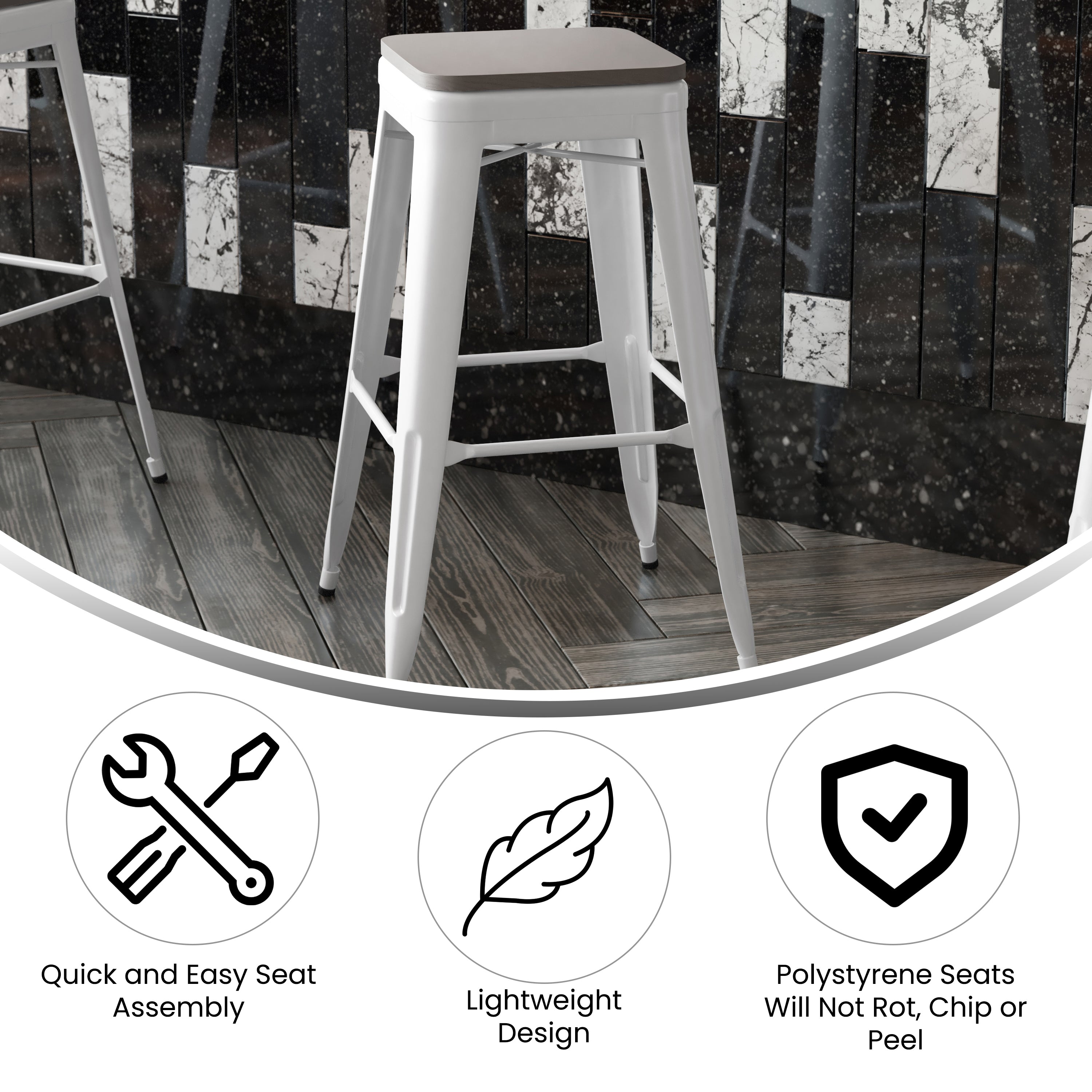 Kai Commercial Grade 30" High Backless White Metal Indoor-Outdoor Barstool with Gray Poly Resin Wood Seat