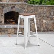 Lily 30" High Backless White Metal Barstool with Square Wood Seat