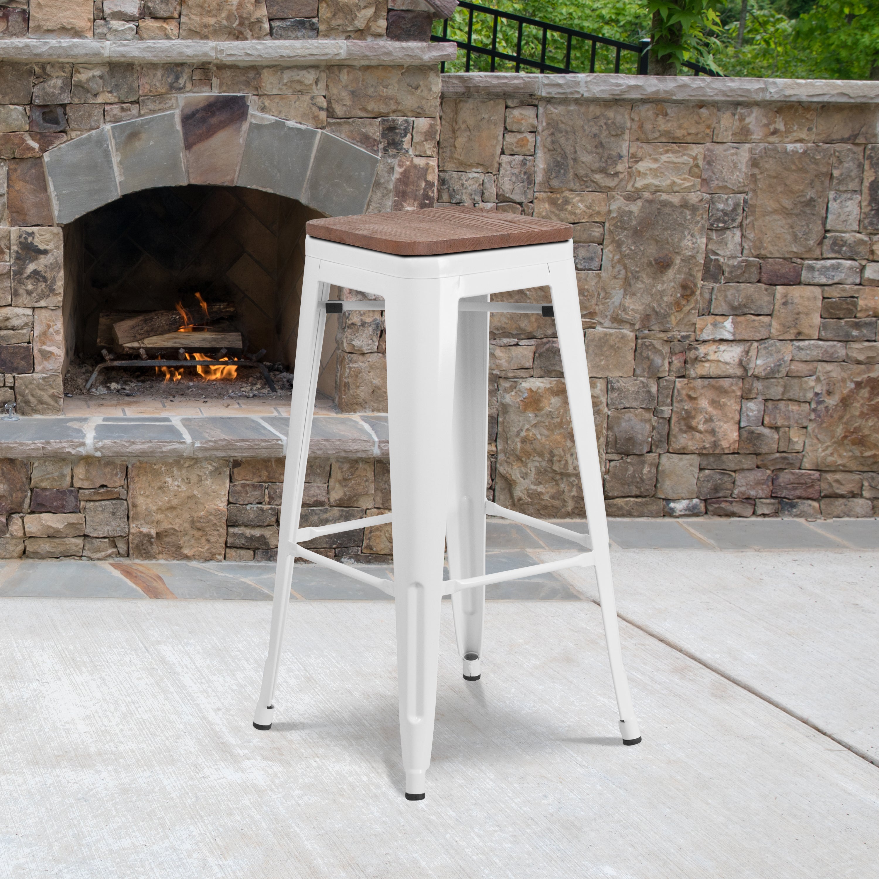 Lily 30" High Backless White Metal Barstool with Square Wood Seat