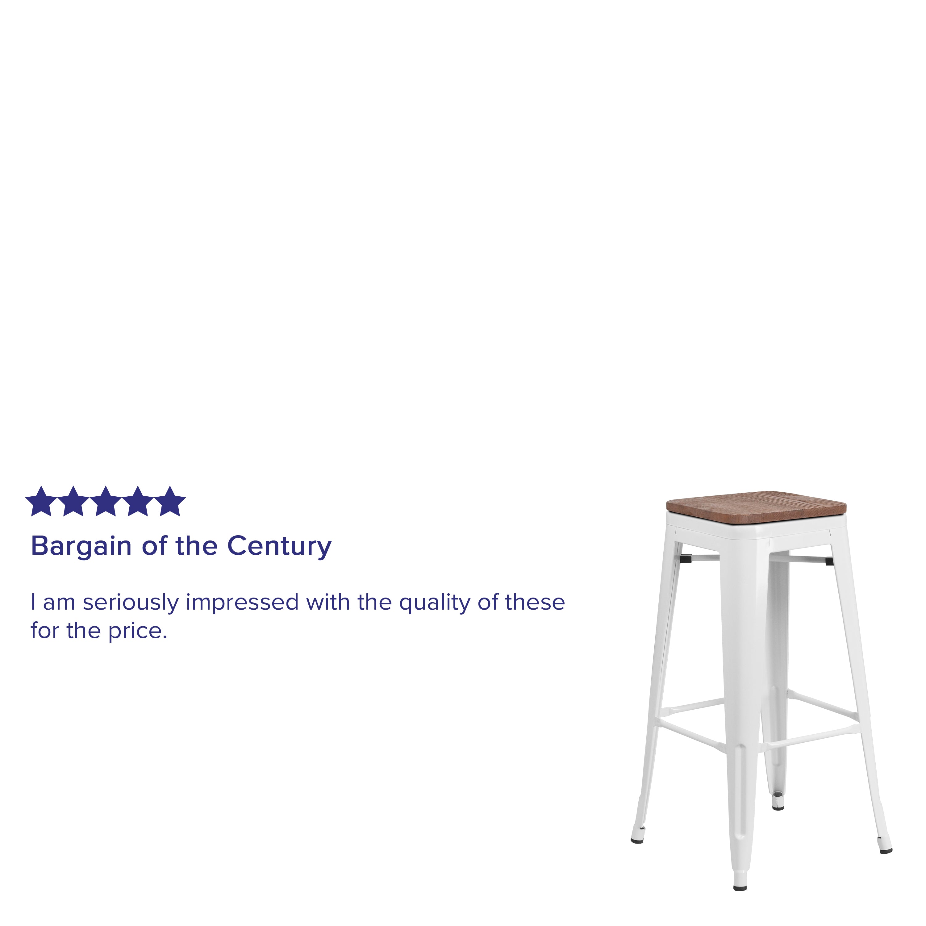 Lily 30" High Backless White Metal Barstool with Square Wood Seat