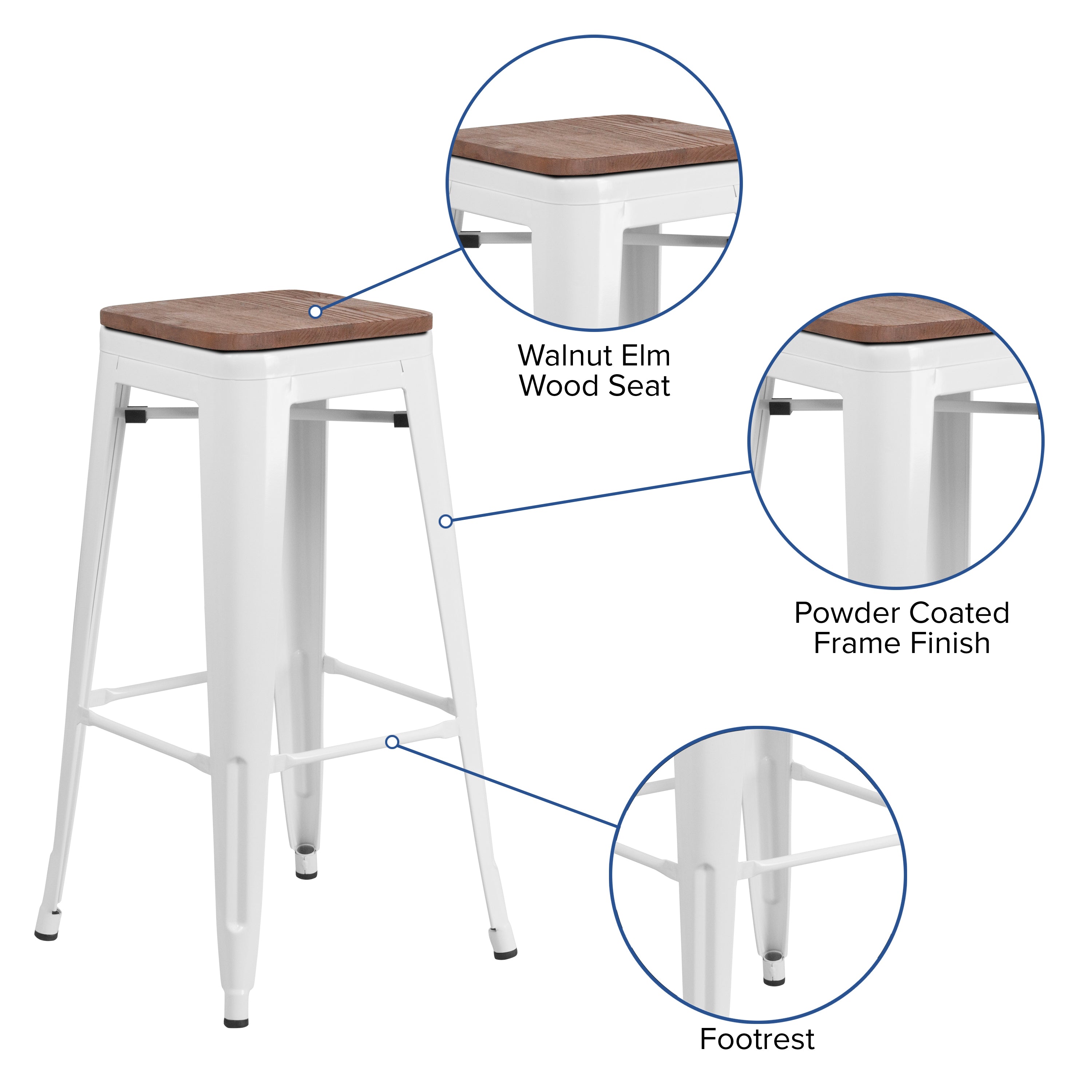 Lily 30" High Backless White Metal Barstool with Square Wood Seat