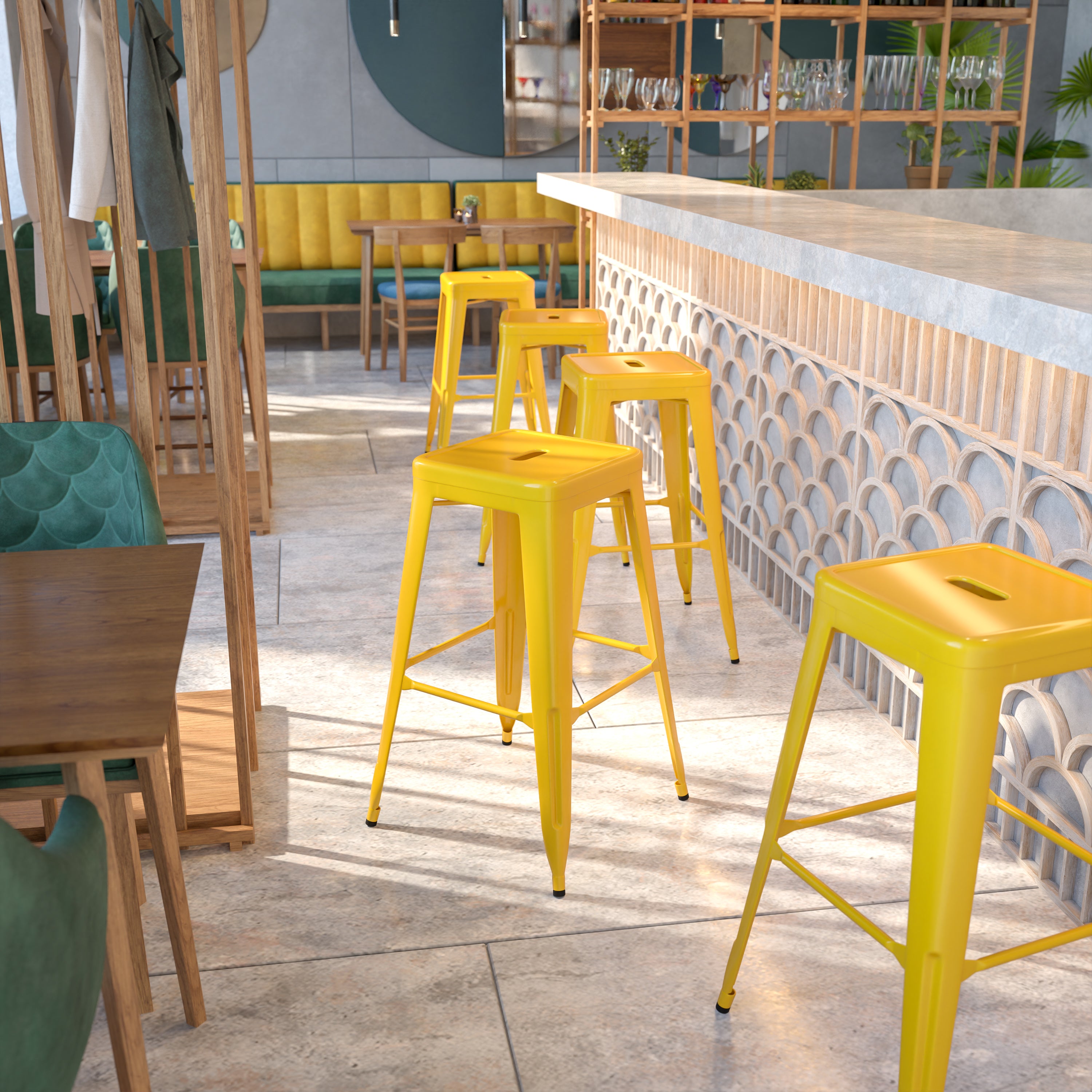 Kai Commercial Grade 30" High Backless Yellow Metal Indoor-Outdoor Barstool with Square Seat