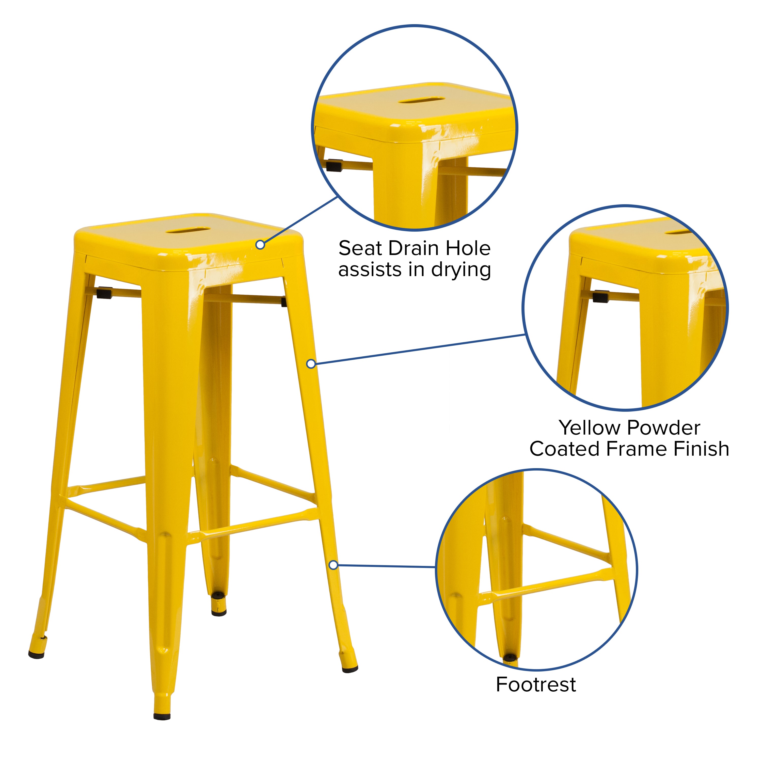Kai Commercial Grade 30" High Backless Yellow Metal Indoor-Outdoor Barstool with Square Seat