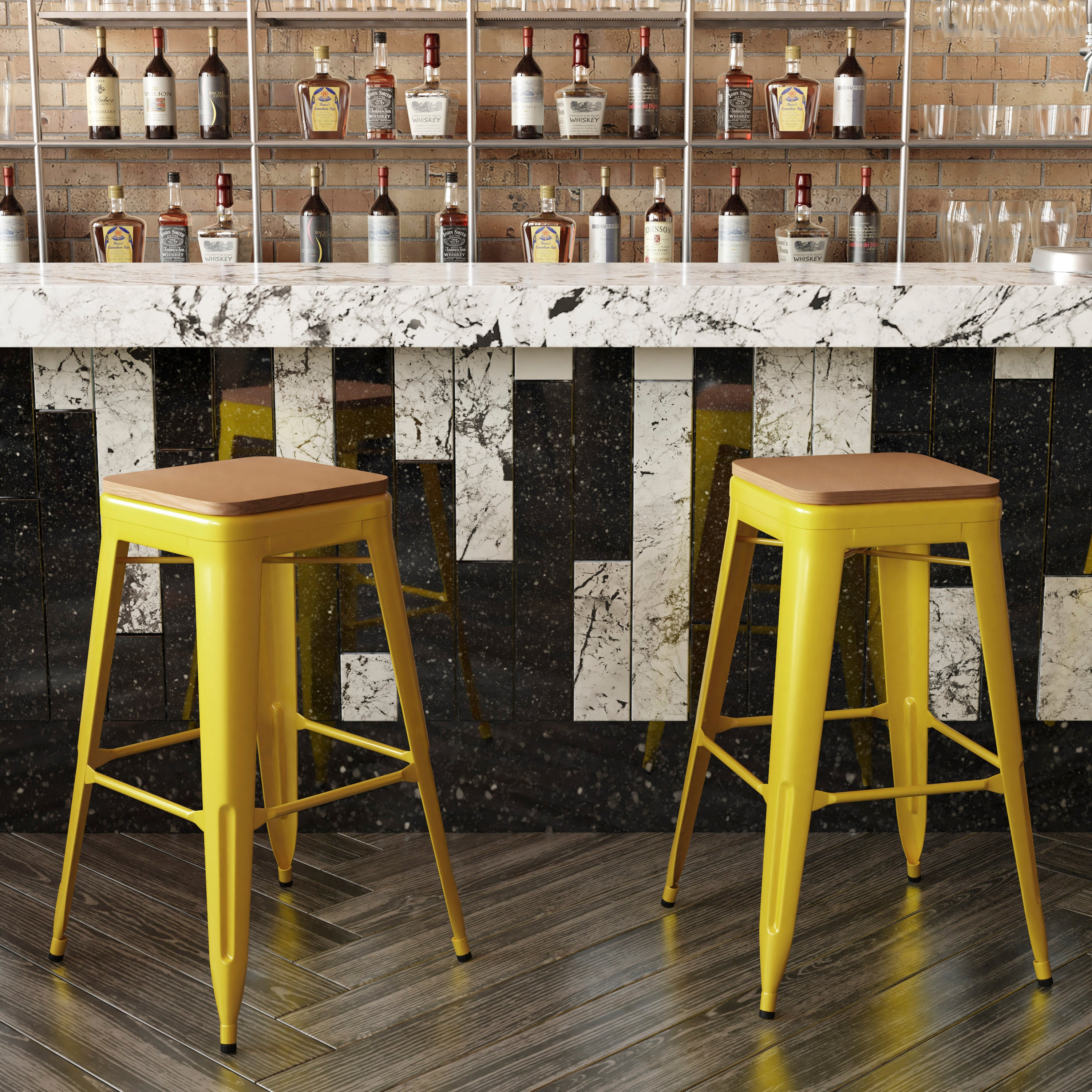 Kai Commercial Grade 30" High Backless Yellow Metal Indoor-Outdoor Barstool with Teak Poly Resin Wood Seat
