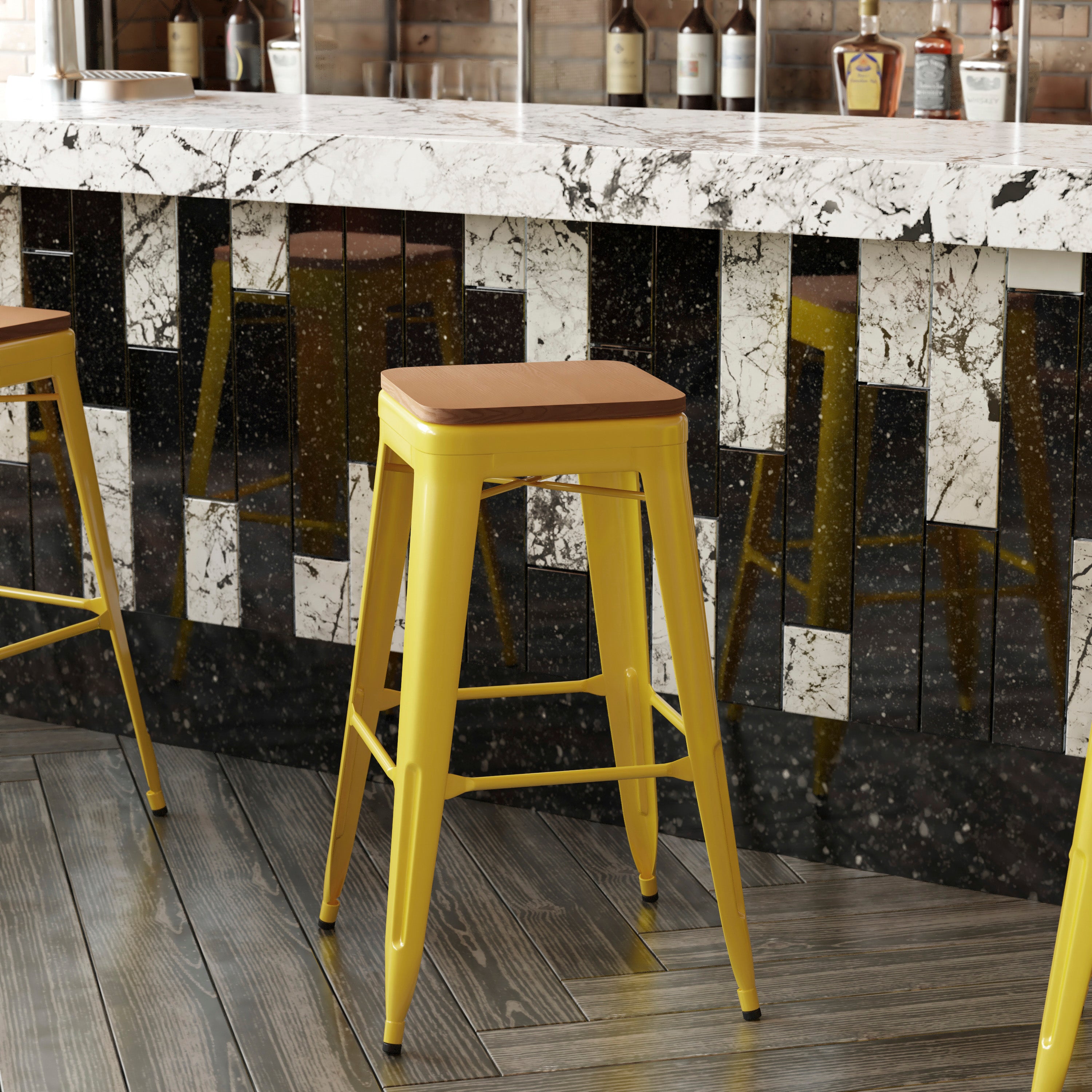 Kai Commercial Grade 30" High Backless Yellow Metal Indoor-Outdoor Barstool with Teak Poly Resin Wood Seat