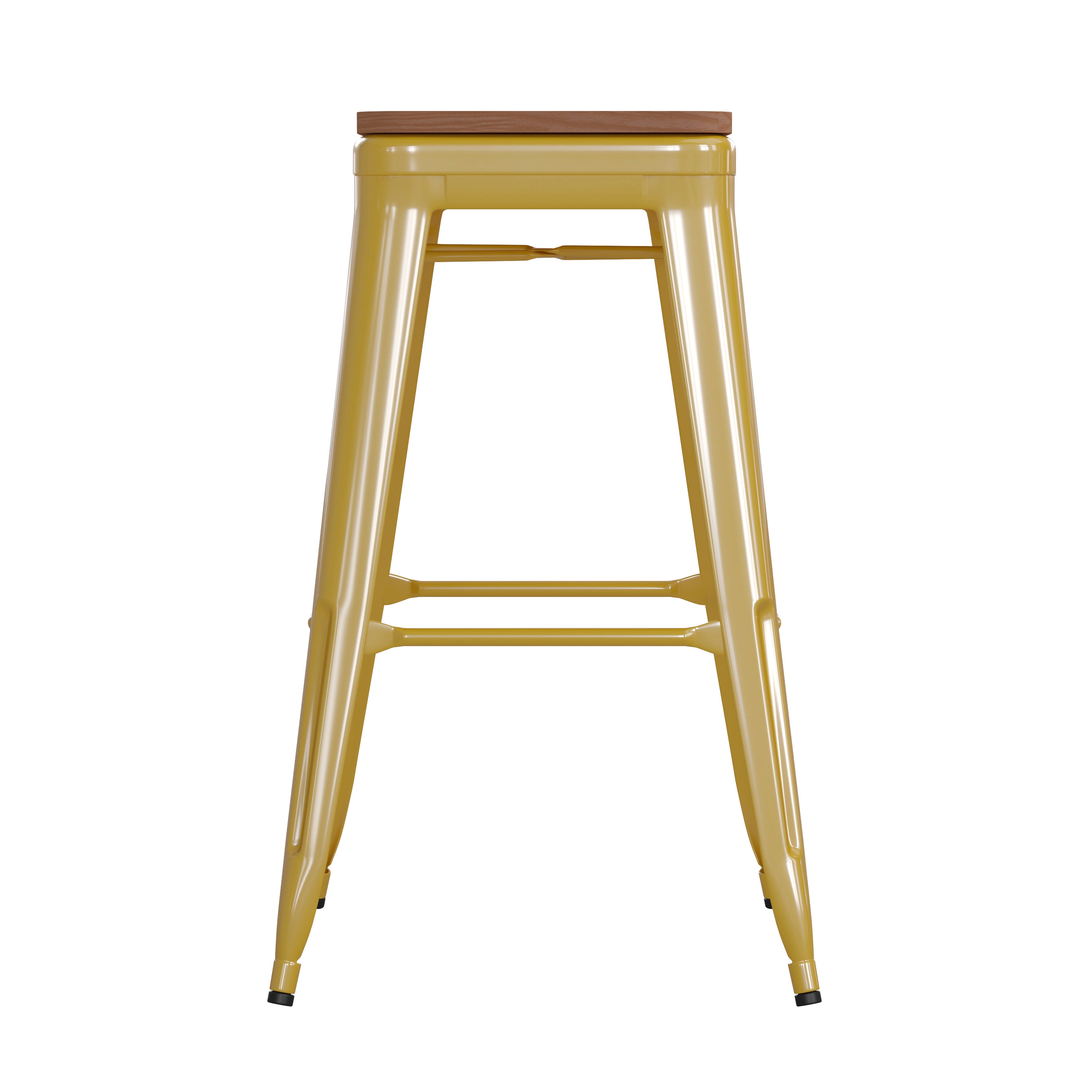 Kai Commercial Grade 30" High Backless Yellow Metal Indoor-Outdoor Barstool with Teak Poly Resin Wood Seat
