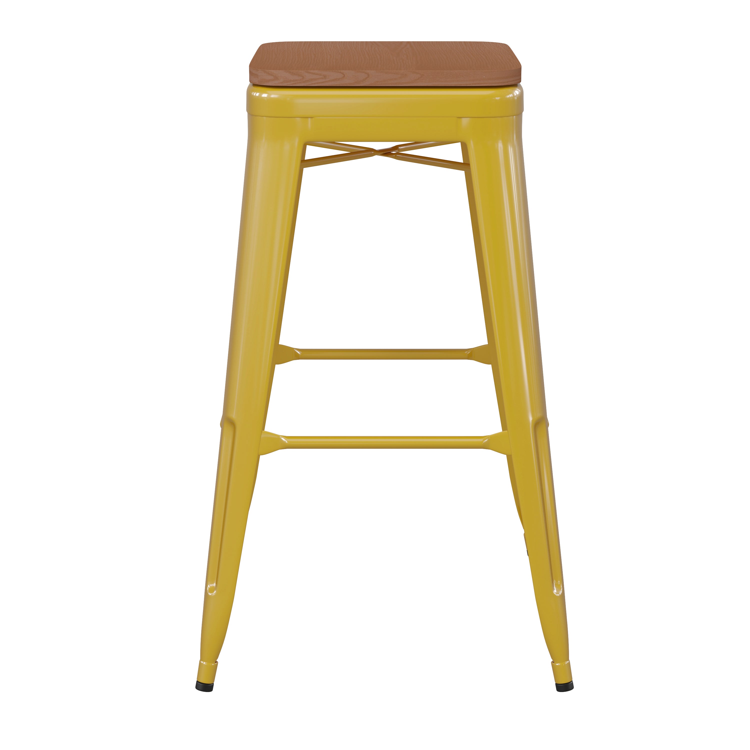 Kai Commercial Grade 30" High Backless Yellow Metal Indoor-Outdoor Barstool with Teak Poly Resin Wood Seat