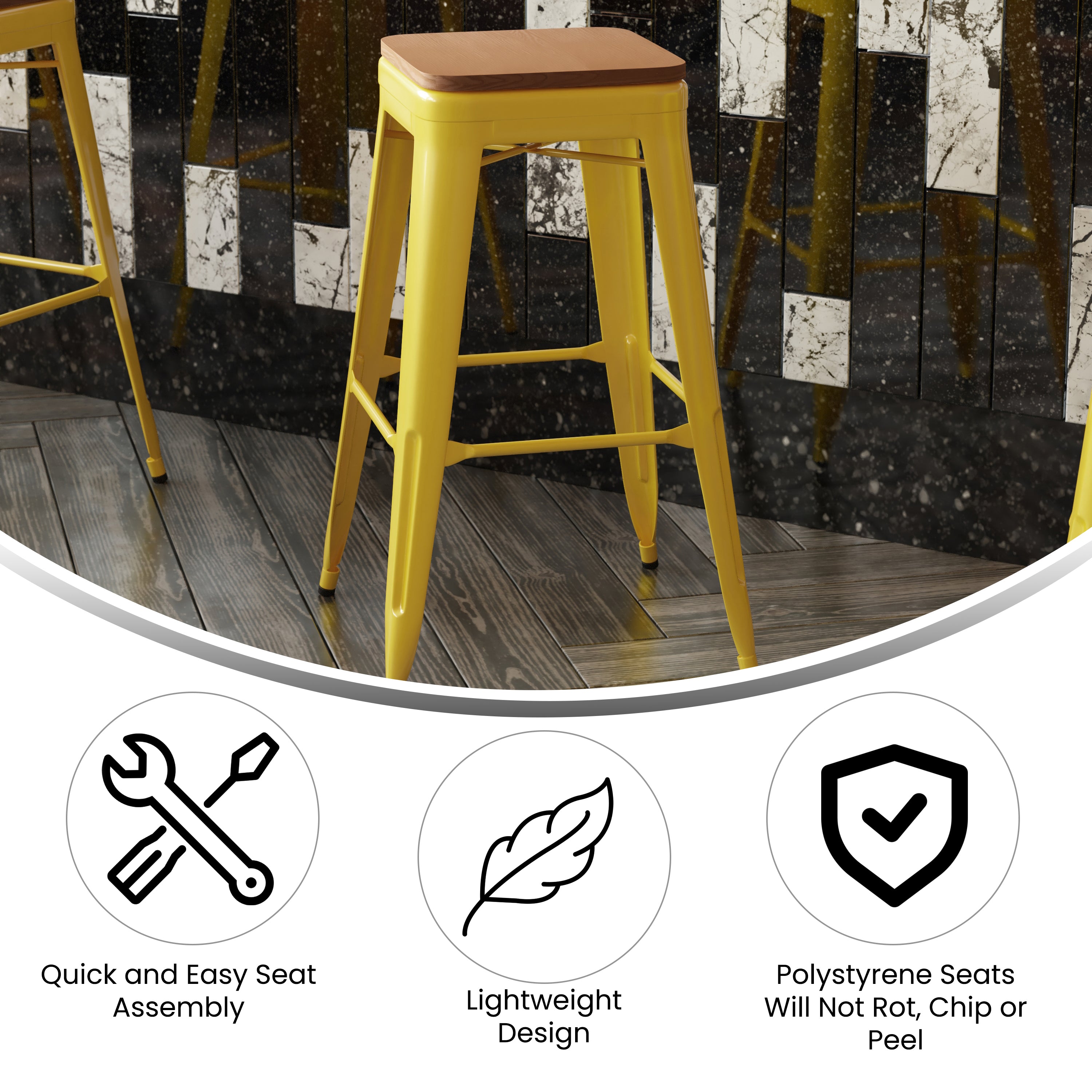 Kai Commercial Grade 30" High Backless Yellow Metal Indoor-Outdoor Barstool with Teak Poly Resin Wood Seat