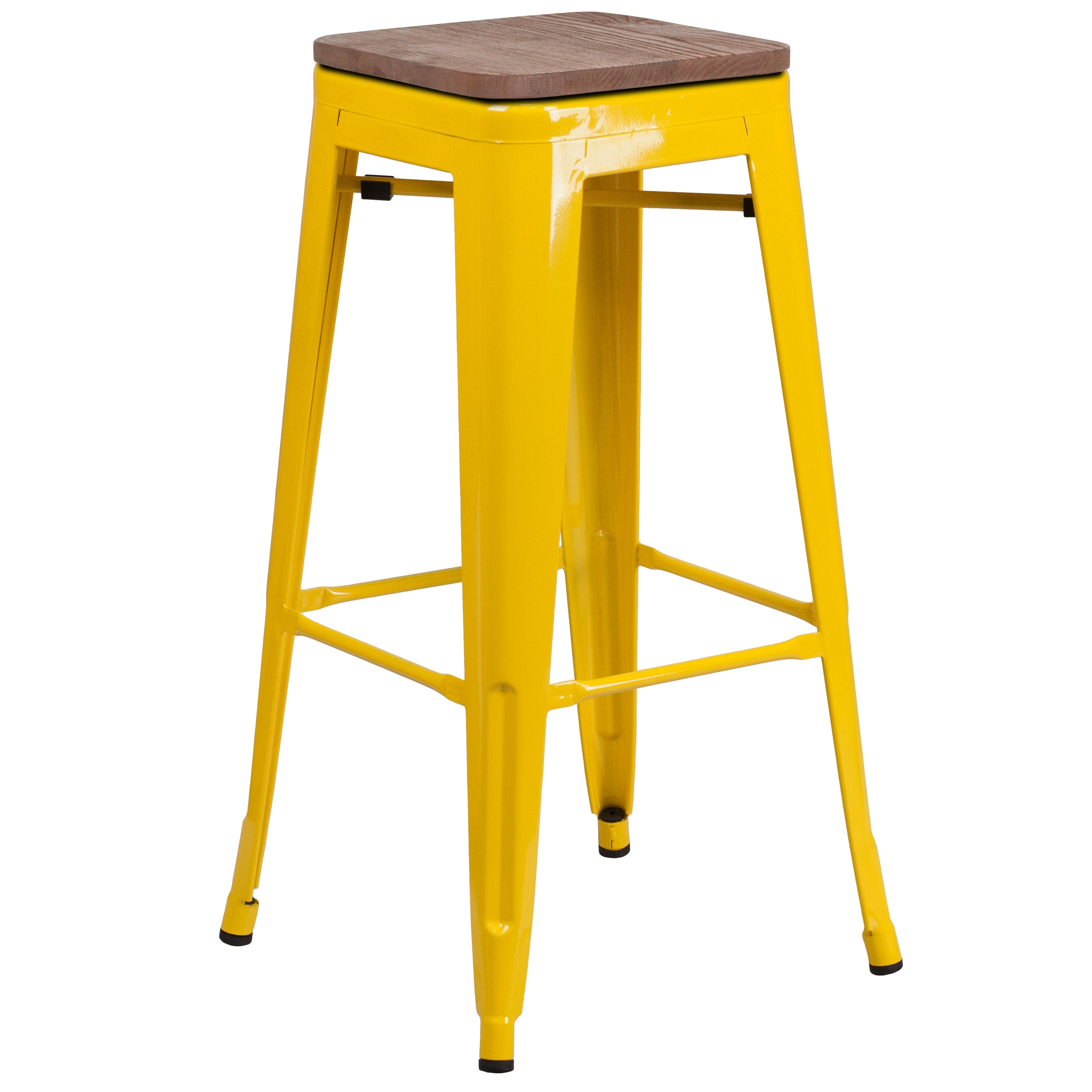 Lily 30" High Backless Yellow Metal Barstool with Square Wood Seat