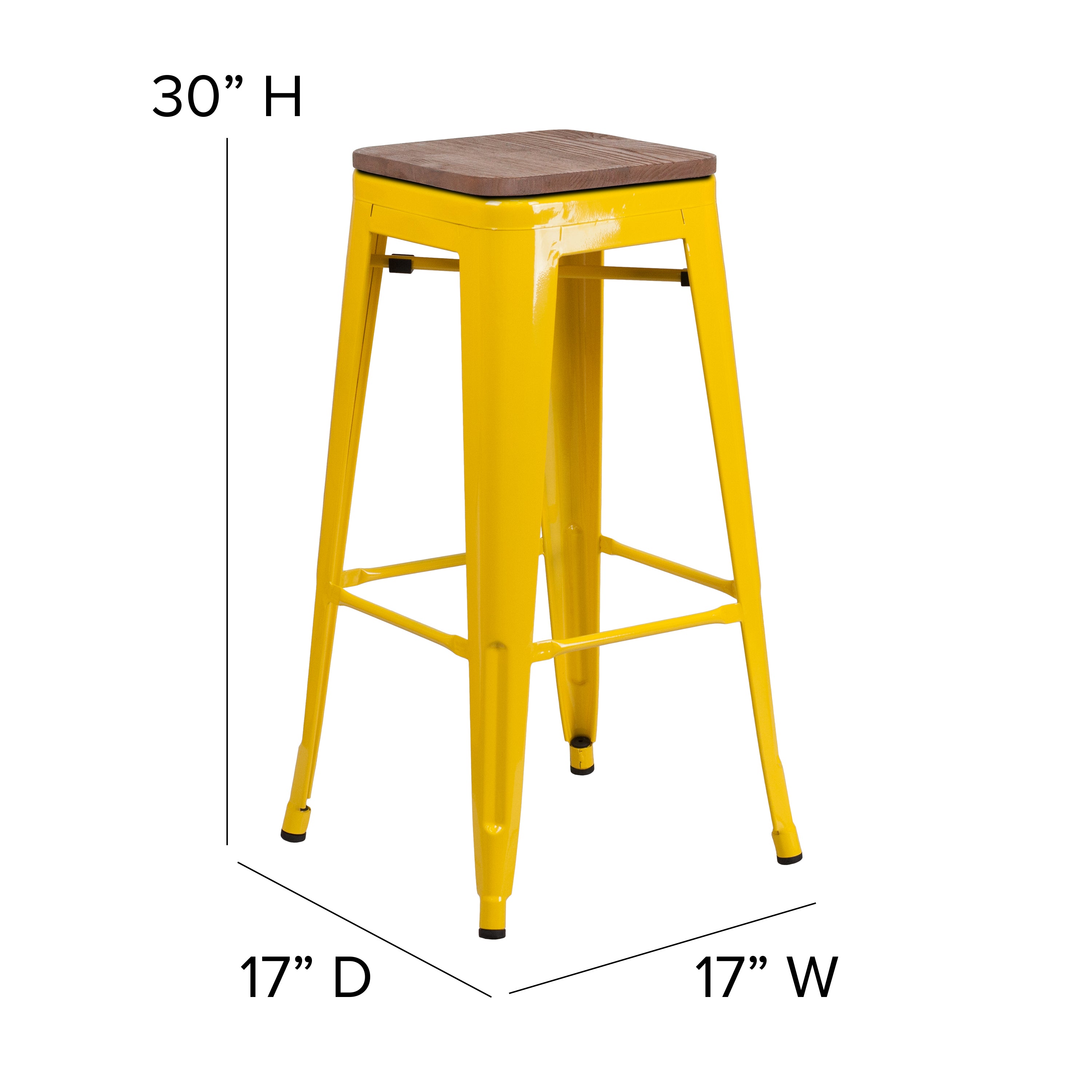 Lily 30" High Backless Yellow Metal Barstool with Square Wood Seat