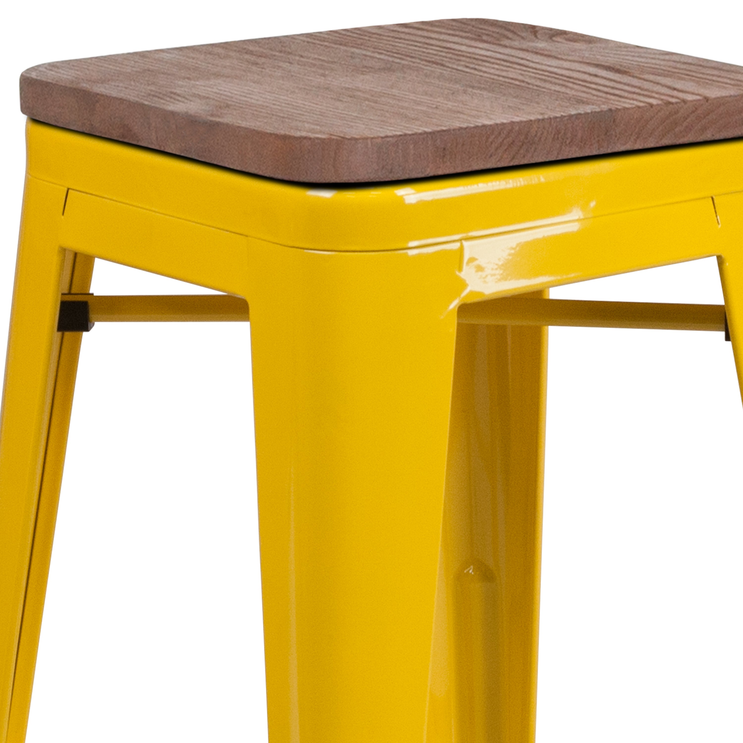 Lily 30" High Backless Yellow Metal Barstool with Square Wood Seat