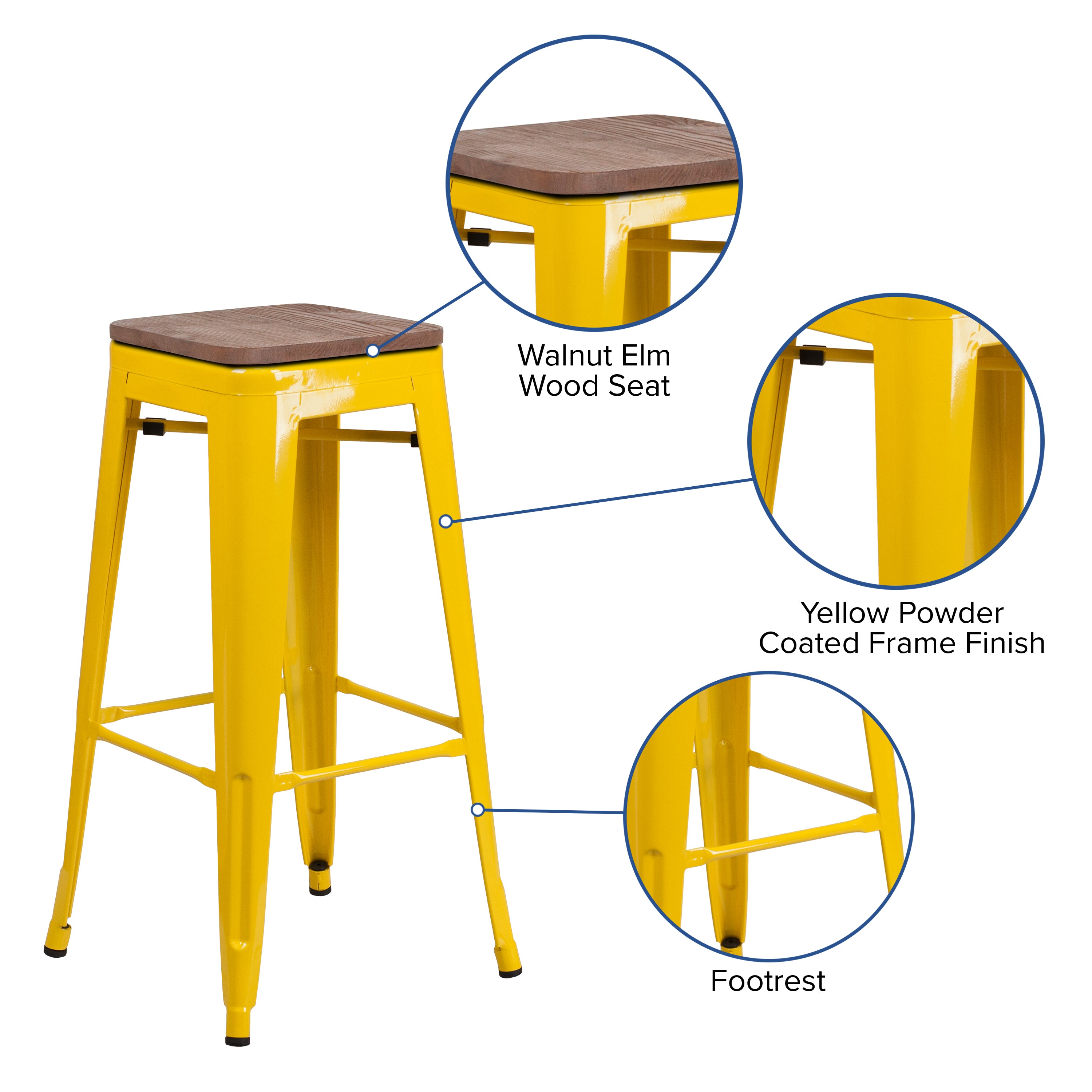 Lily 30" High Backless Yellow Metal Barstool with Square Wood Seat