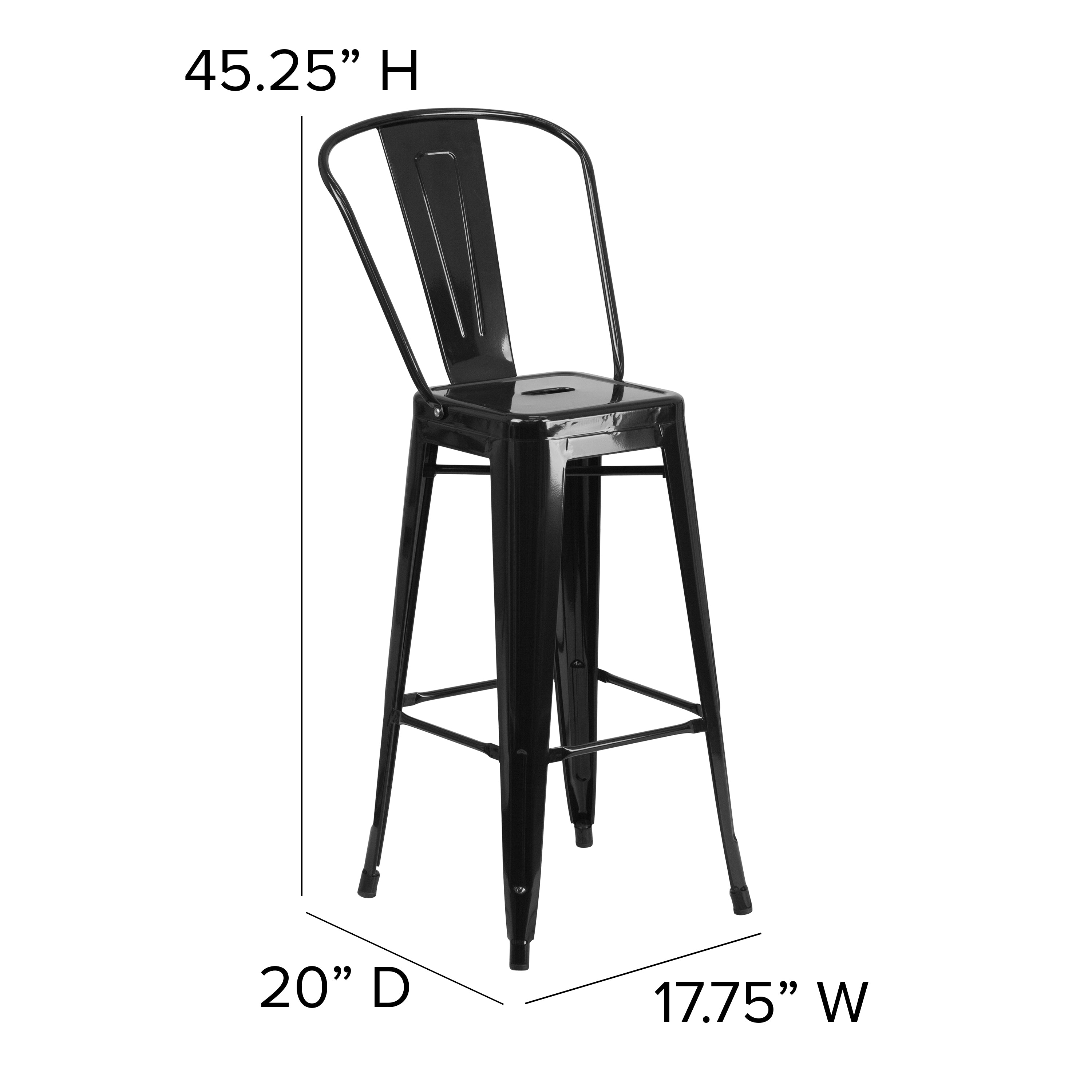 Kai Commercial Grade 30" High Black Metal Indoor-Outdoor Barstool with Removable Back