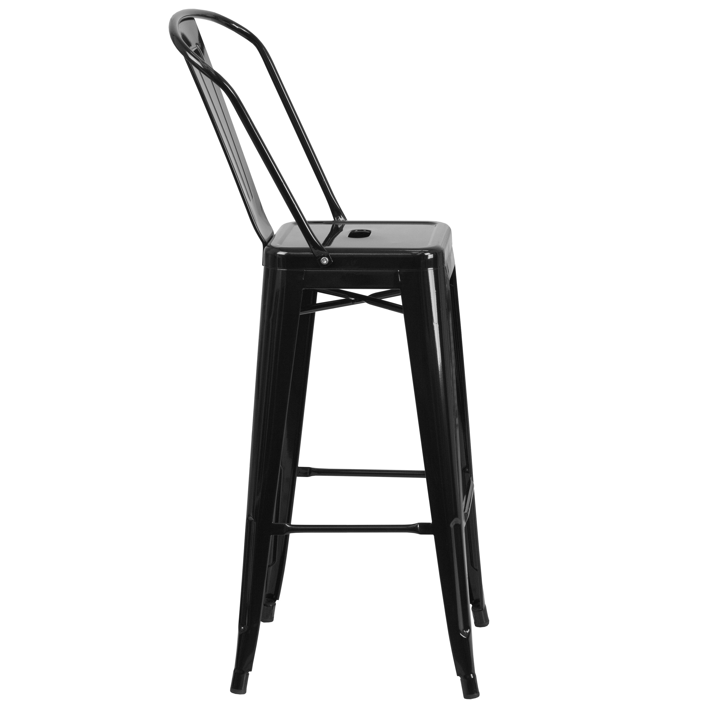Kai Commercial Grade 30" High Black Metal Indoor-Outdoor Barstool with Removable Back