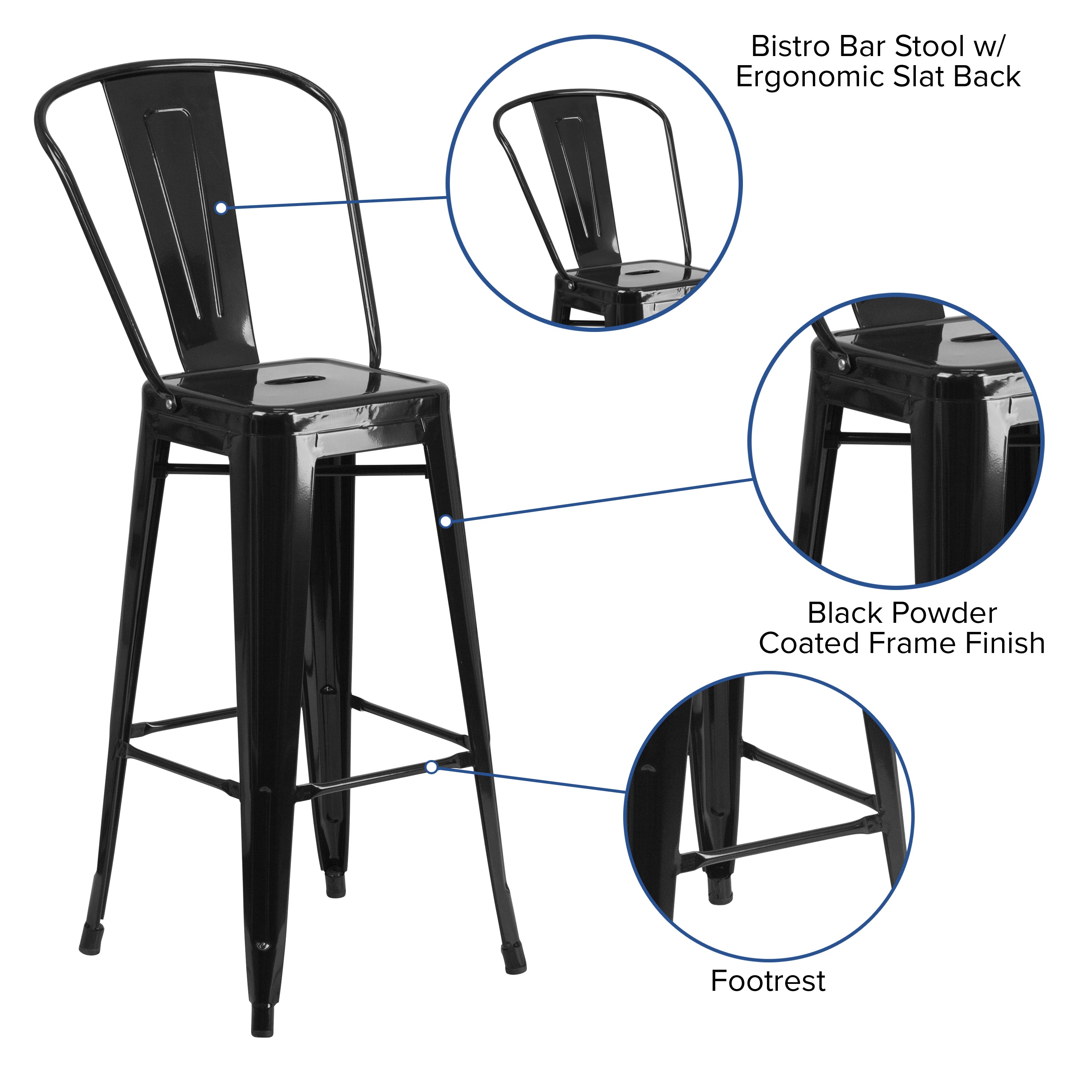 Kai Commercial Grade 30" High Black Metal Indoor-Outdoor Barstool with Removable Back