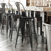 Kai Commercial Grade 30" High Black Metal Indoor-Outdoor Bar Height Stool with Removable Back and Black All-Weather Poly Resin Seat